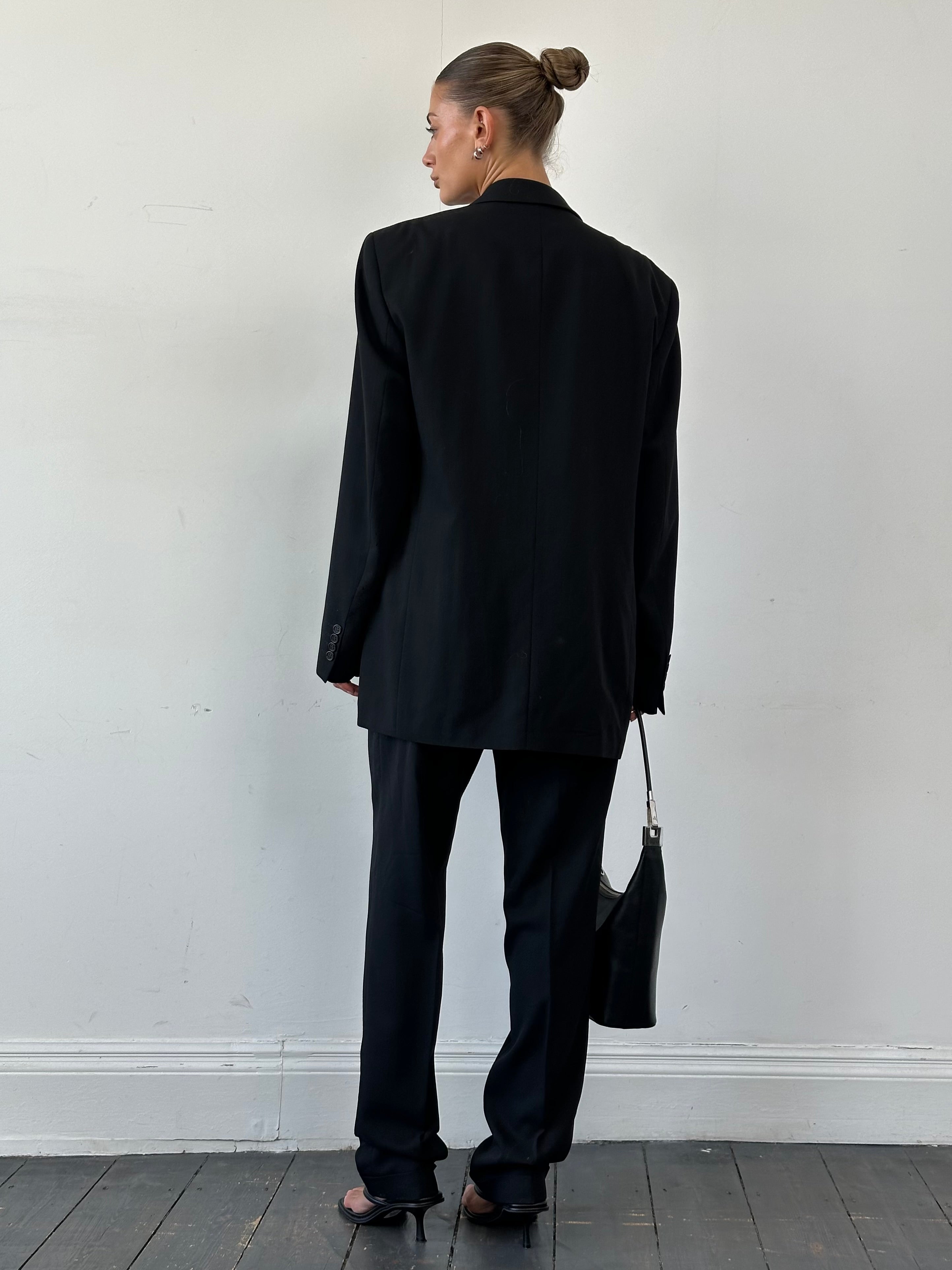 Yves Saint Laurent men's pure wool three-piece suit, size 46L/W34, shown on a mannequin with jacket, waistcoat, and trousers.