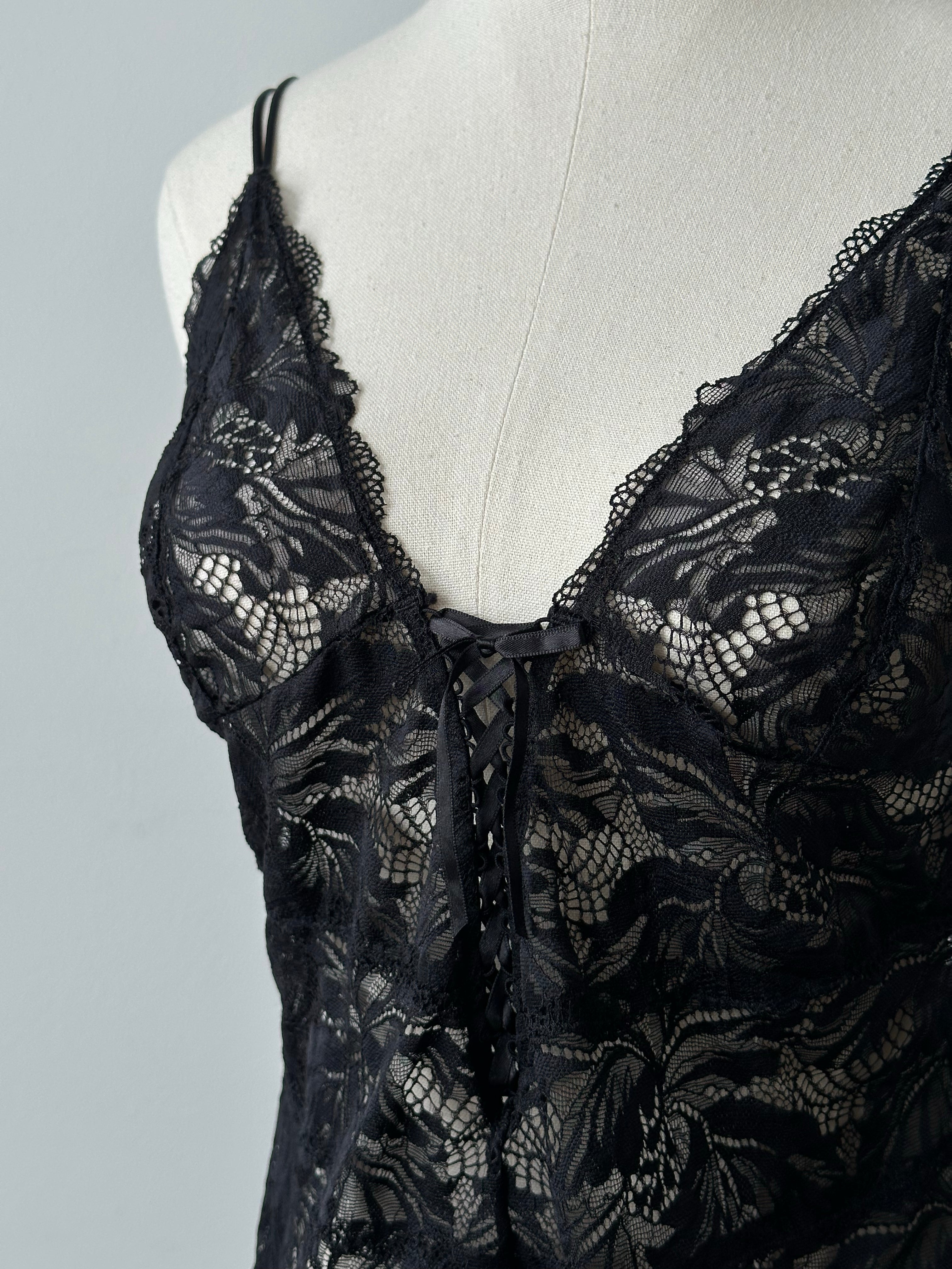 Vintage 1990s Sheer Lace Up Bodysuit - M