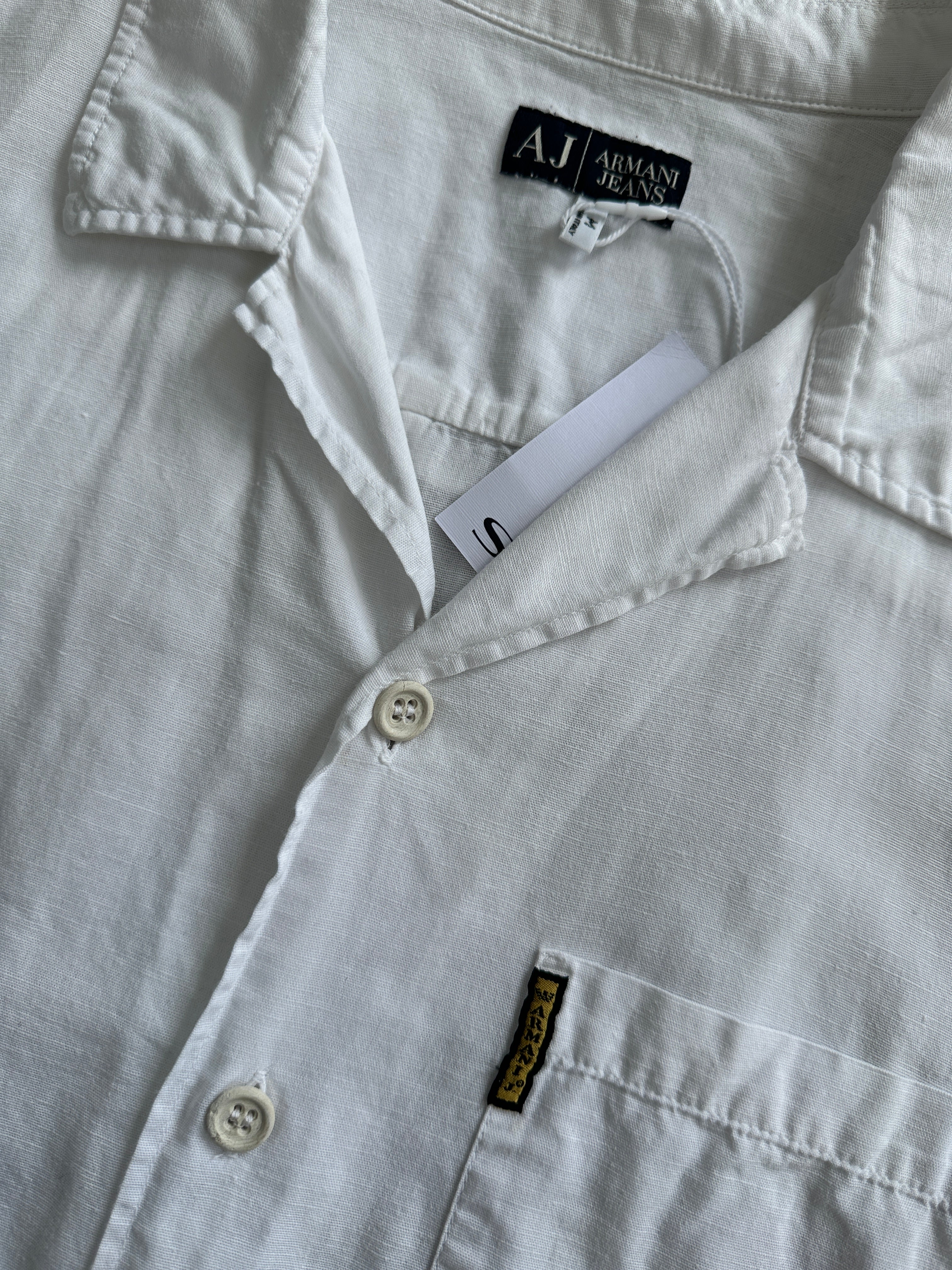 Armani Jeans cotton linen short sleeve logo shirt in size M/L, featuring a casual design with Armani branding on the front.