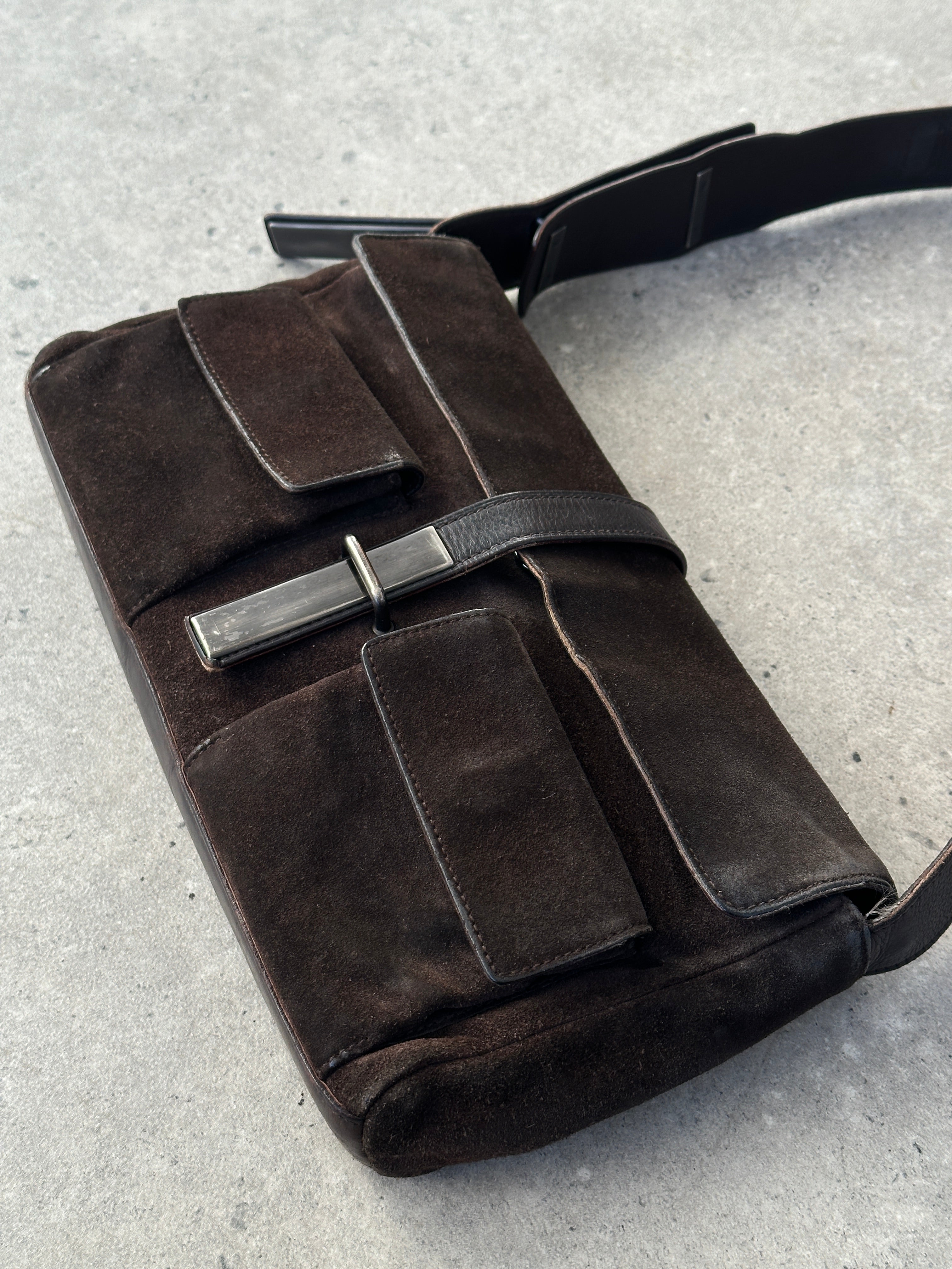 Yves Saint Laurent Rive Gauche 2000s suede shoulder bag with gold-tone hardware and classic design.