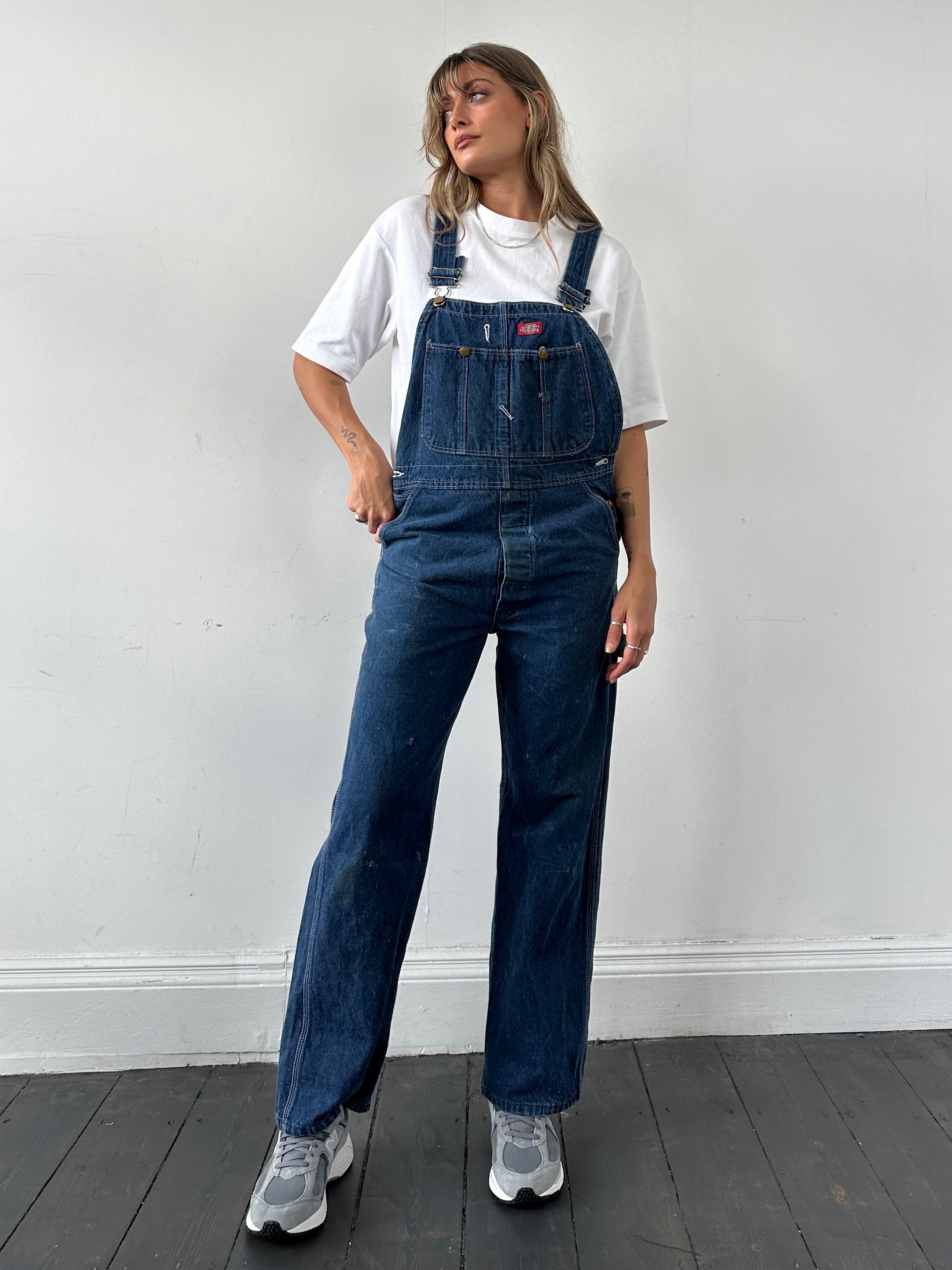 Dickies pure cotton denim dungarees in XS/S size, showing classic blue workwear overalls with adjustable straps and front pockets.