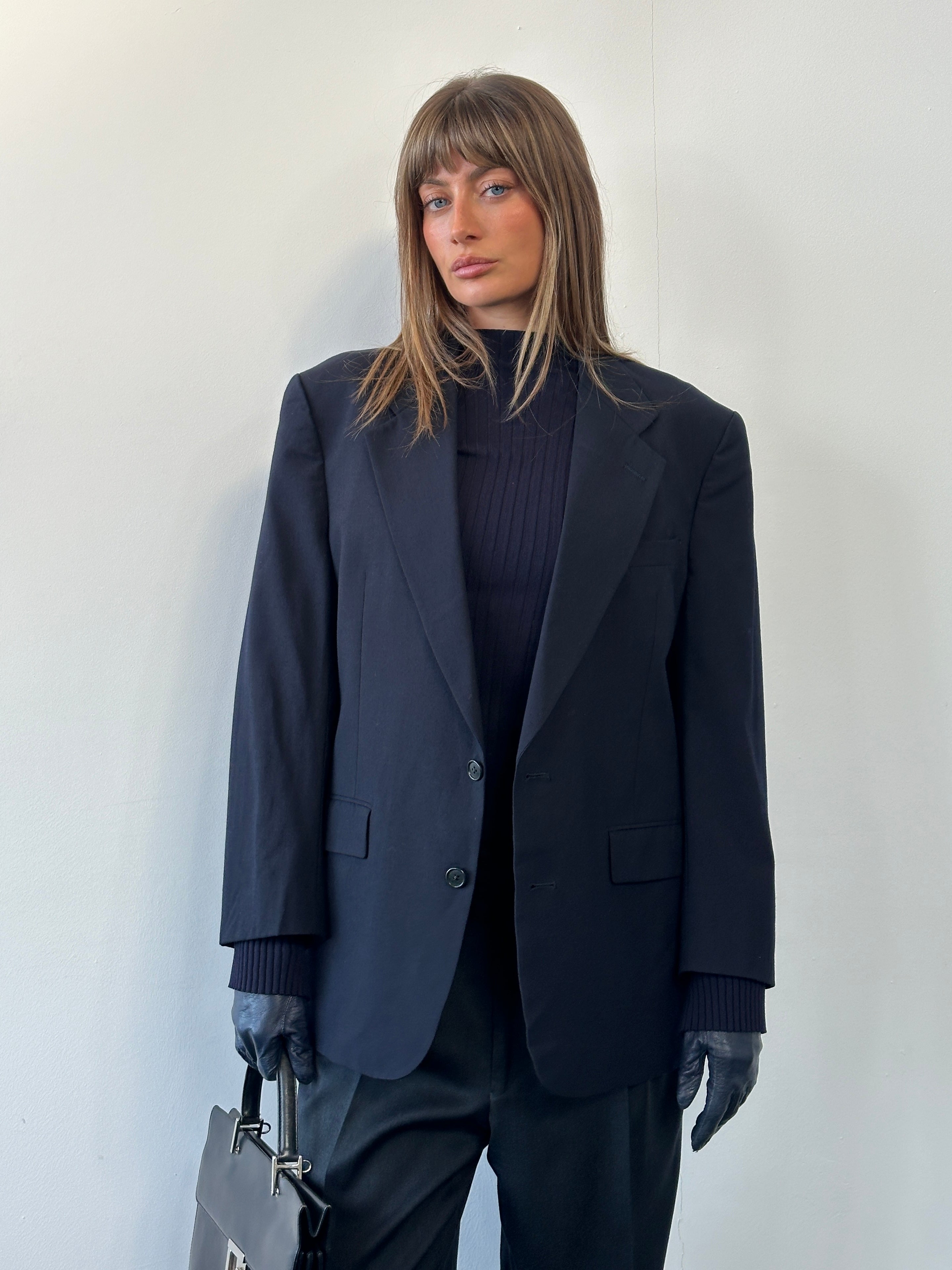 Christian Dior Monsieur 1980s pure wool single-breasted blazer, size 42S/L, in classic tailored style with notch lapel.