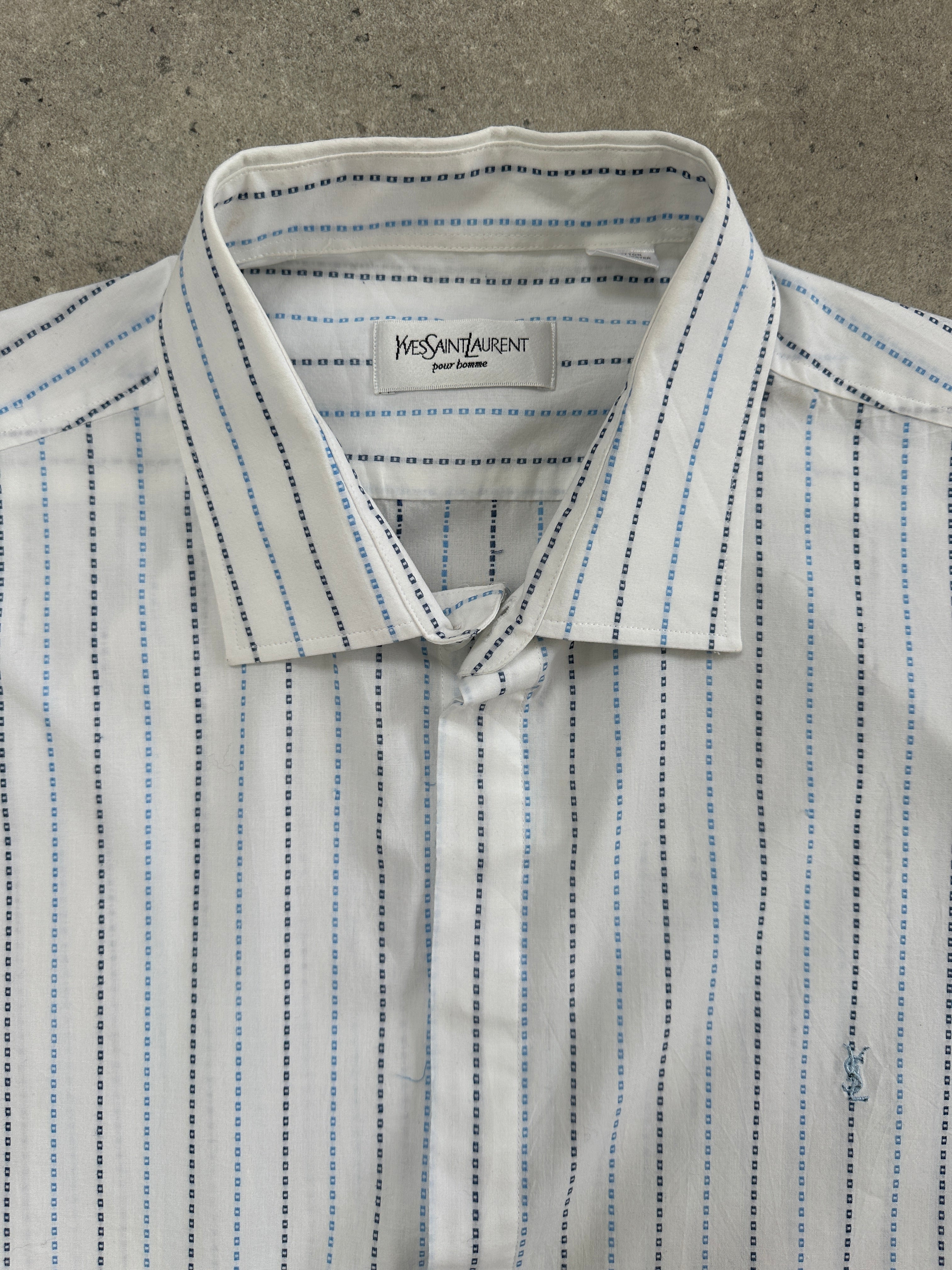 Yves Saint Laurent Pour Homme check cotton short sleeve logo shirt in size L, featuring a classic button-up design and YSL branding
