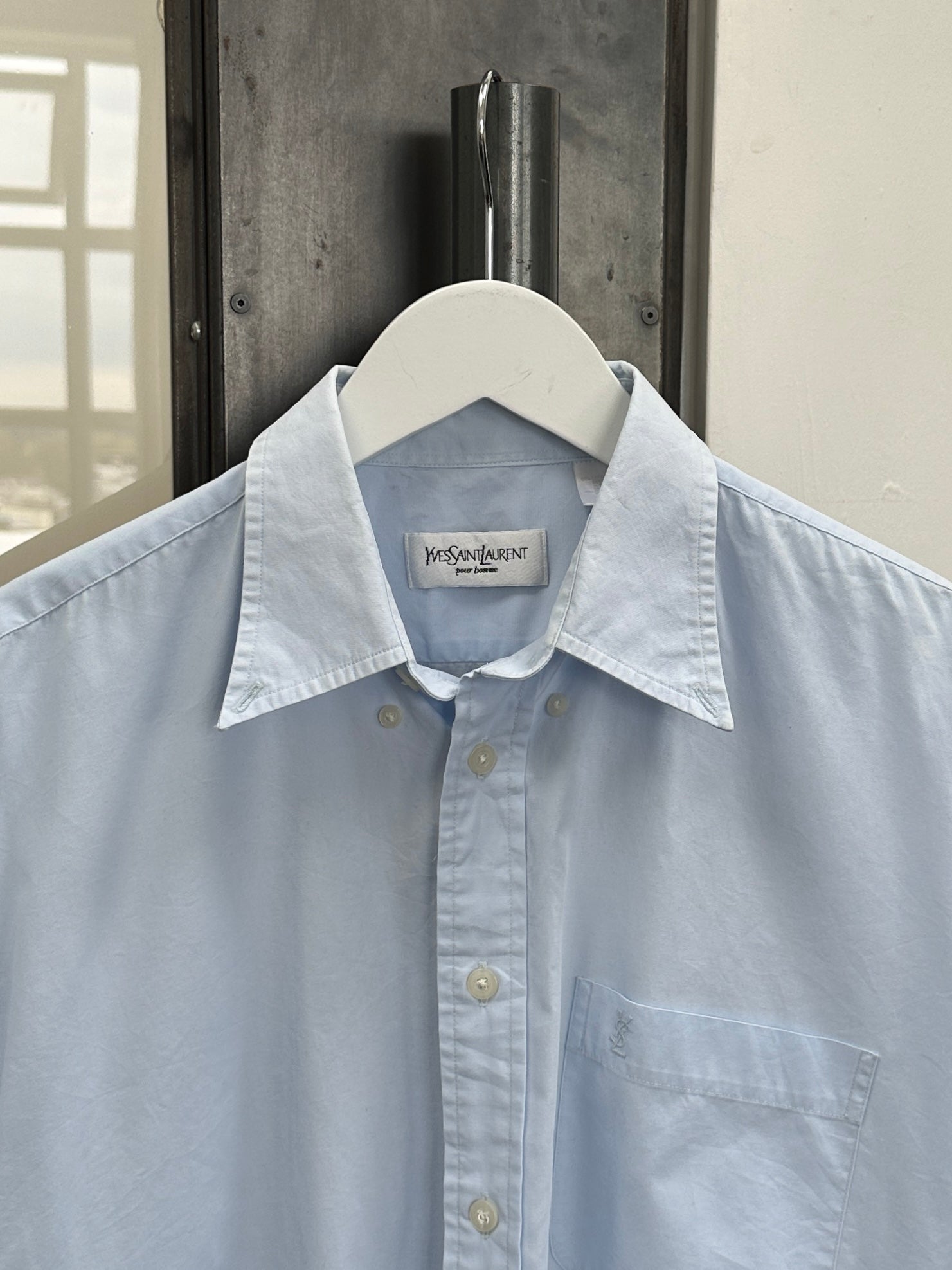 Yves Saint Laurent Pour Homme cotton short sleeve logo shirt in size L, featuring classic design and branding details.
