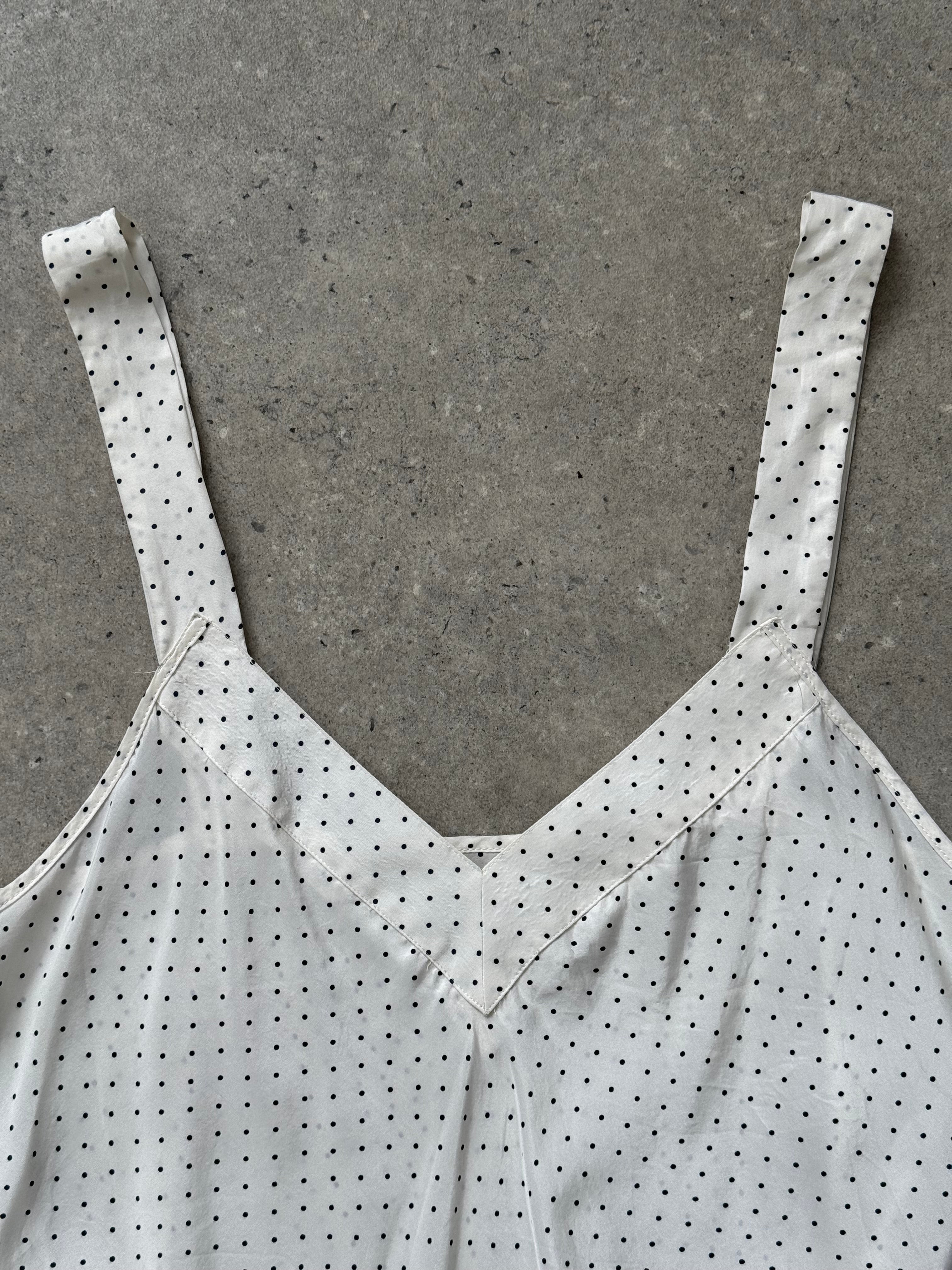 Vintage 2000s pure silk polka dot mini dress, M/L size, featuring a classic design and lightweight fabric.