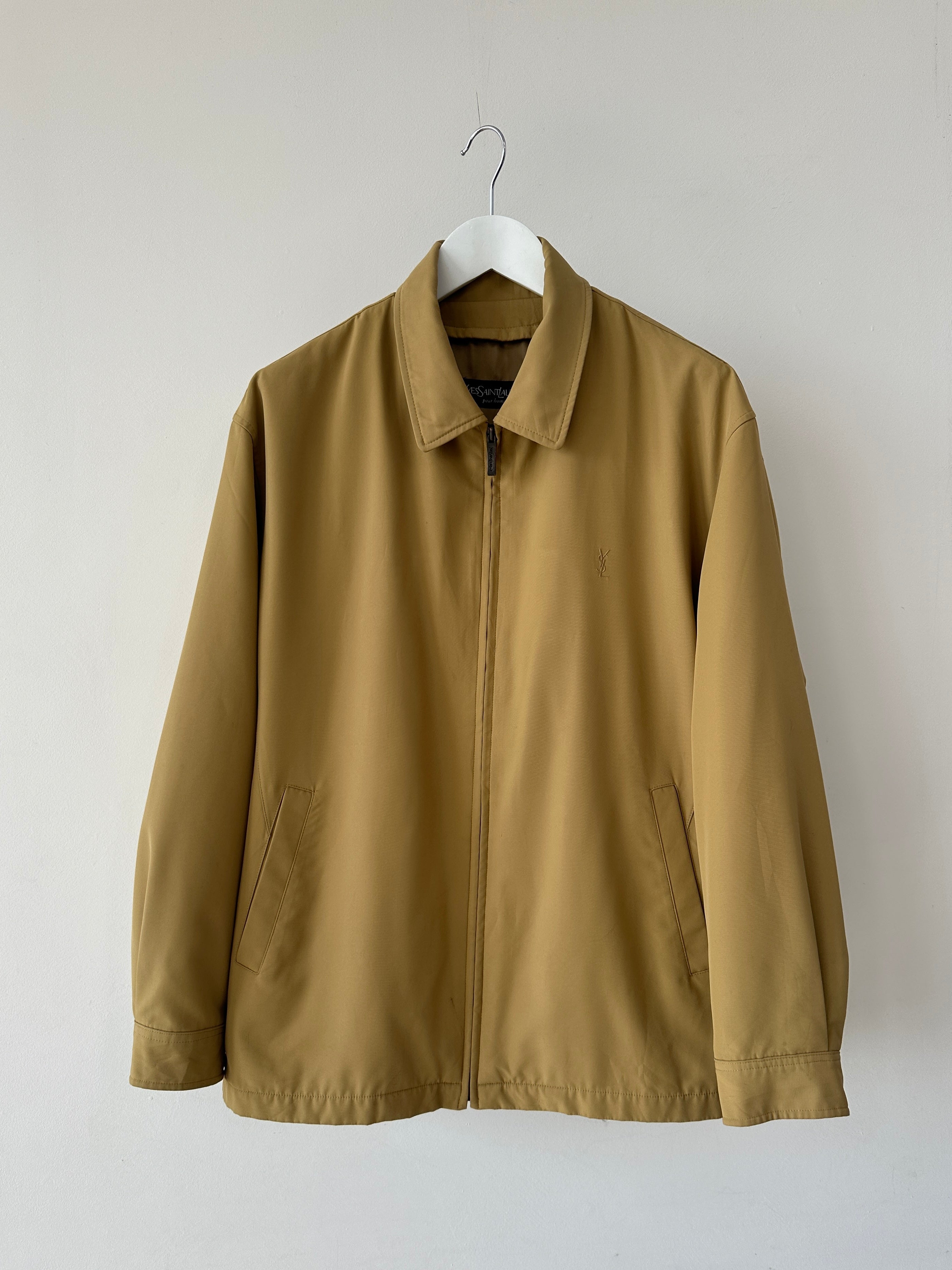 Yves Saint Laurent Pour Homme padded logo bomber jacket in size L/XL, black with embroidered YSL logo, front view.