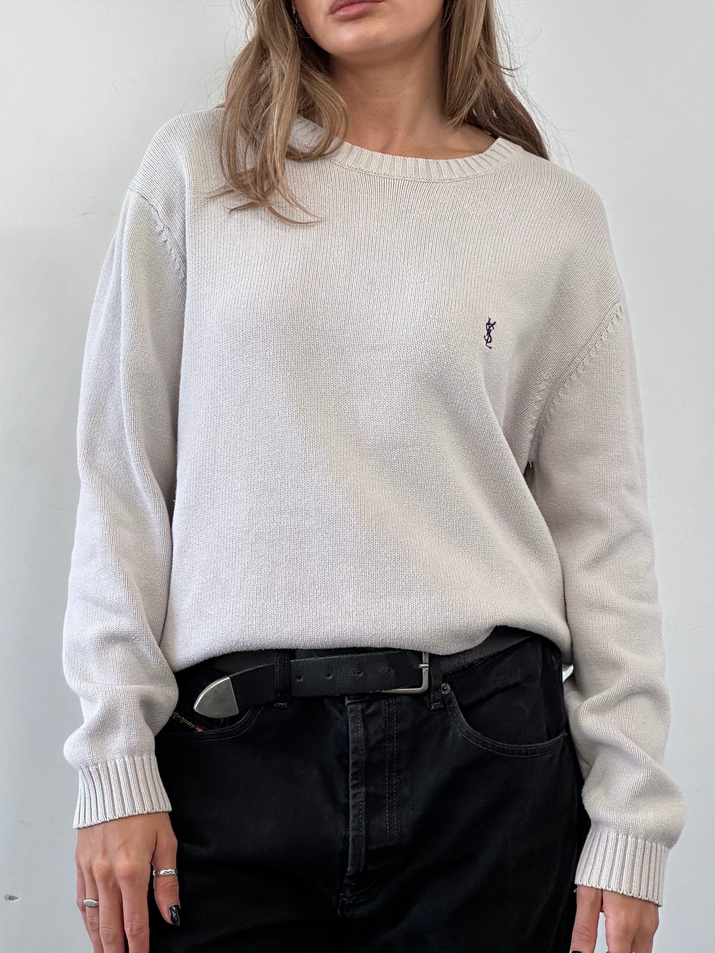 Yves Saint Laurent Pour Homme pure cotton knitted jumper with logo, featuring a classic crewneck design and textured knit pattern.