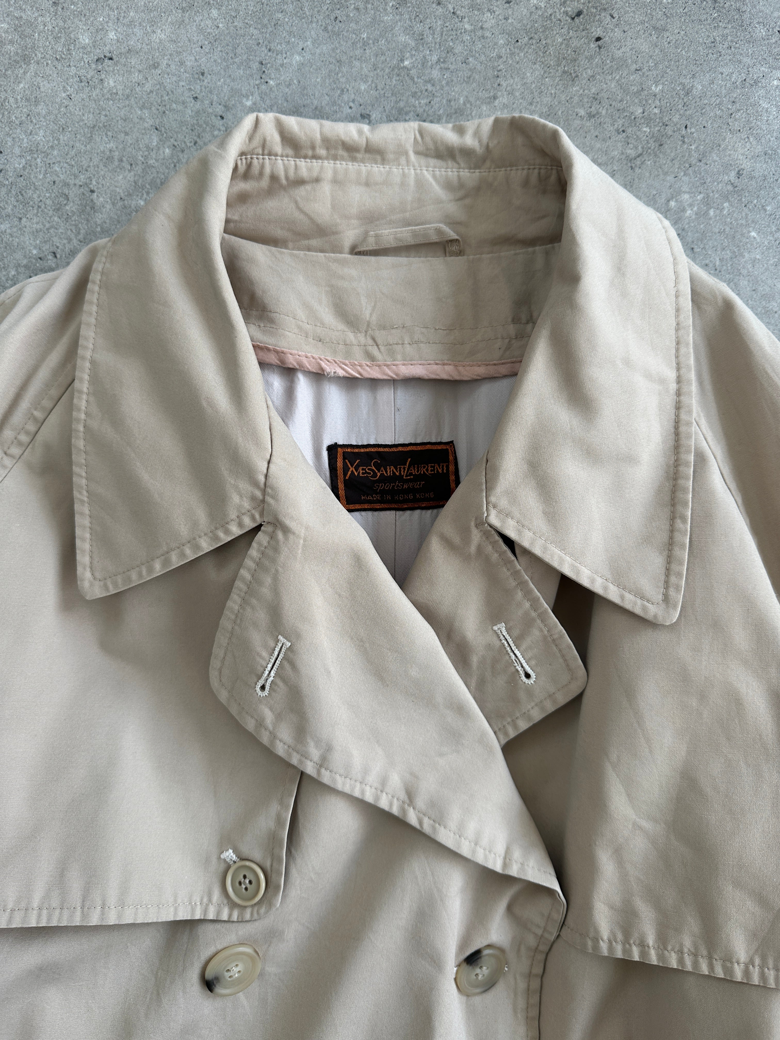 Yves Saint Laurent 70’s cotton double-breasted belted trench coat in XL, featuring classic design and stylish details.