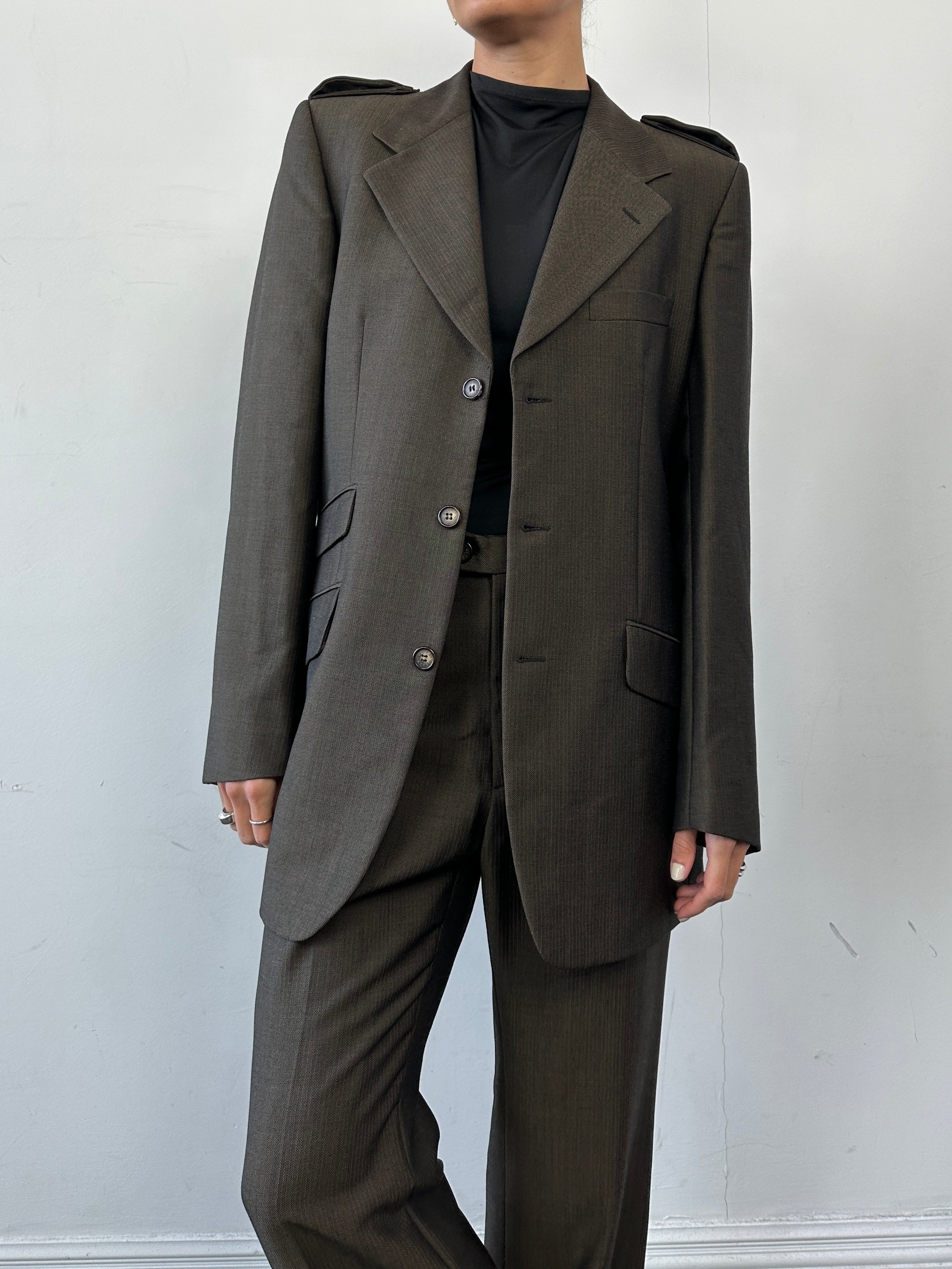 Gucci wool mohair single-breasted jumpsuit in size 40L/W30, featuring tailored fit and classic design.