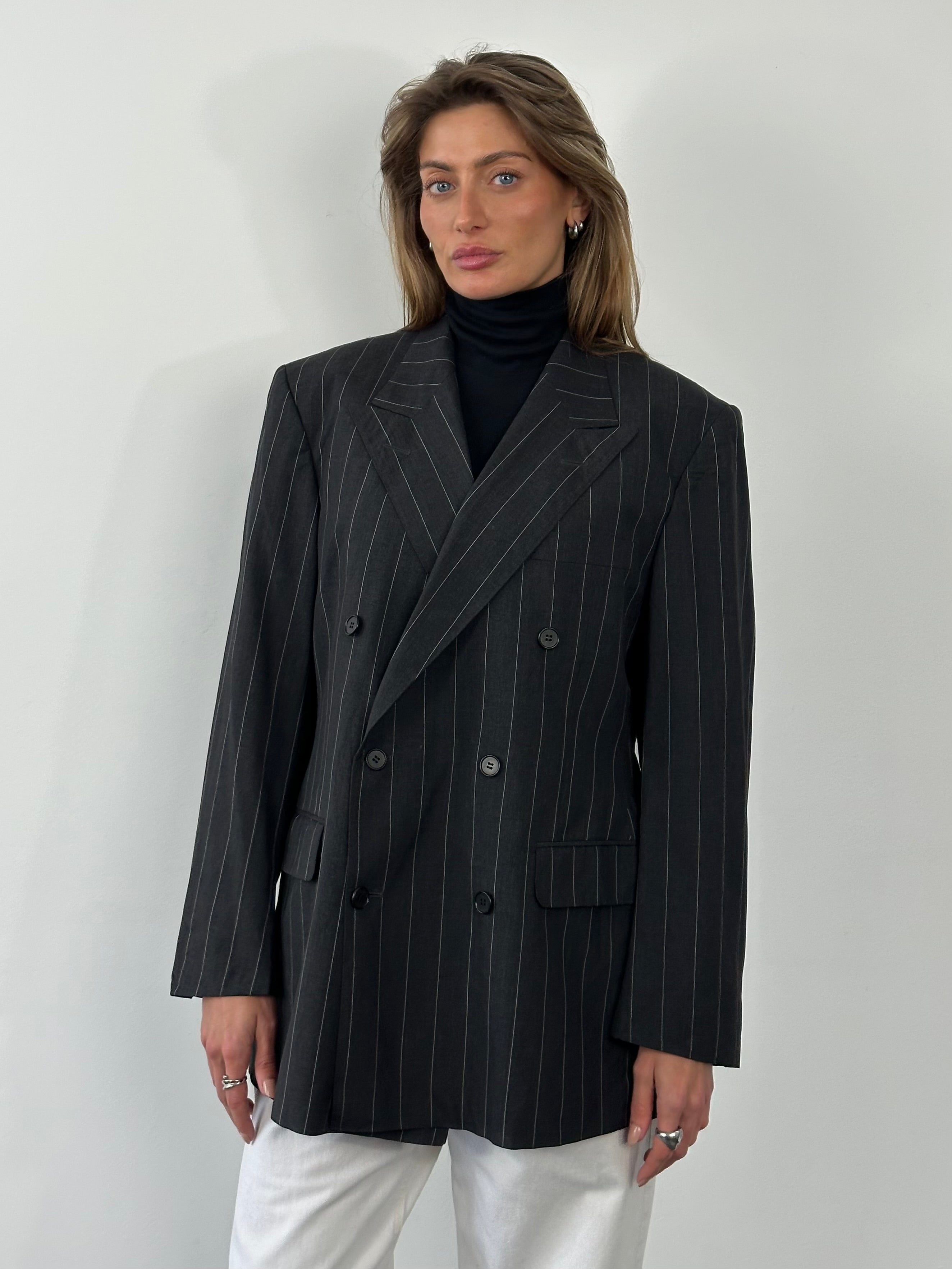 Burberry 1990s double-breasted wool blazer with red, black, and white stripes in size XL, vintage men's or women's fashion.
