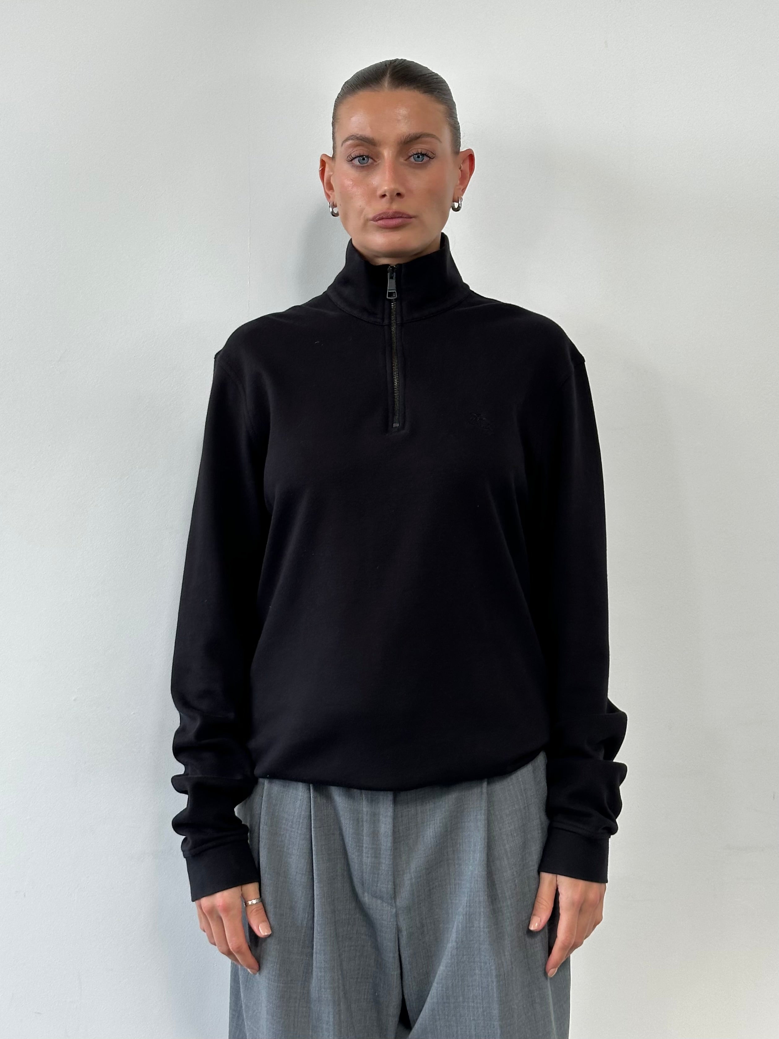 Burberry Brit pure cotton logo quarter zip jumper in size L, featuring a classic design and the iconic Burberry logo on the chest.