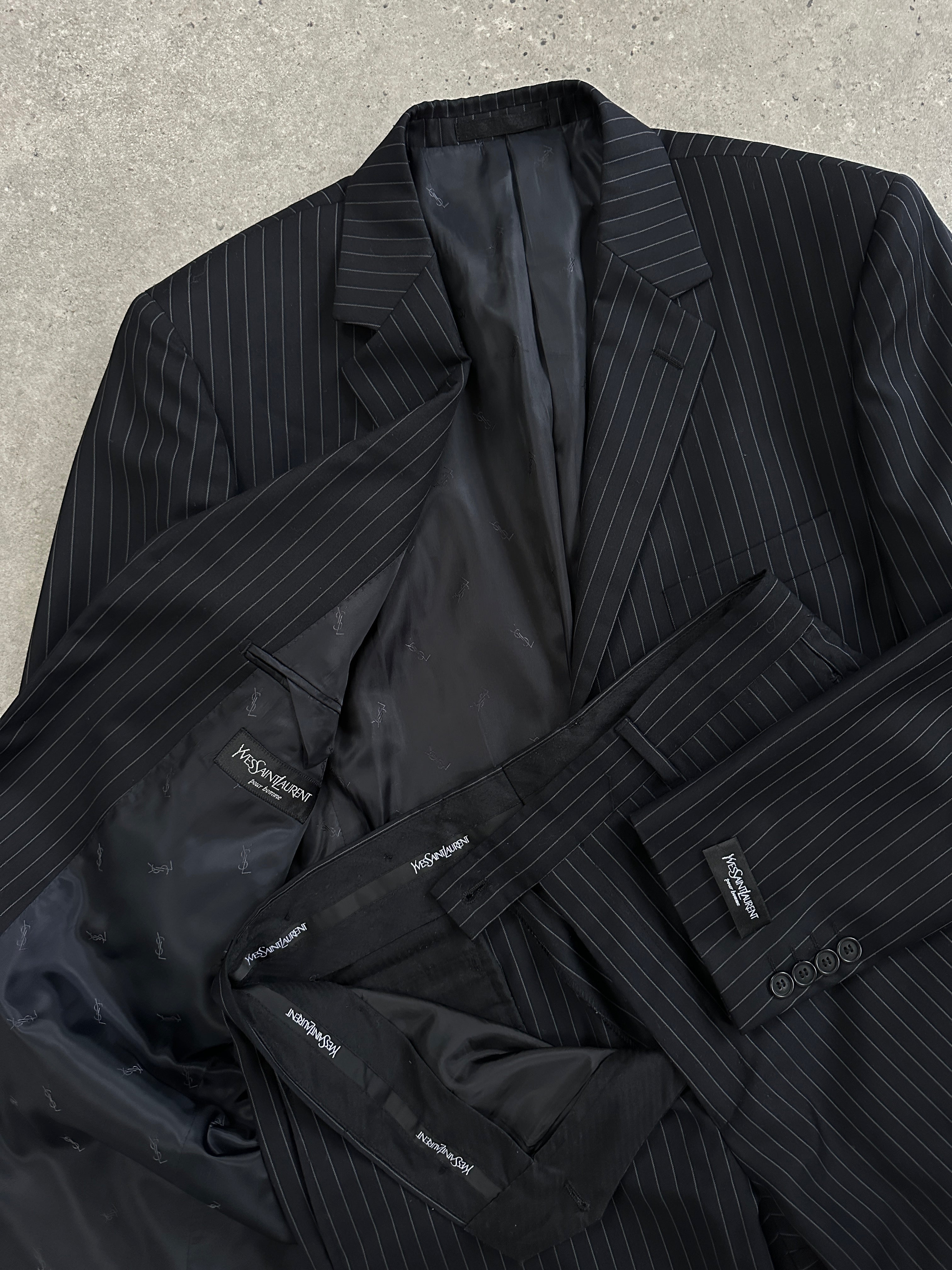 Yves Saint Laurent Pour Homme 1990s wool pinstripe single-breasted suit, size 40L/W32, displayed on a hanger with tailored fit.