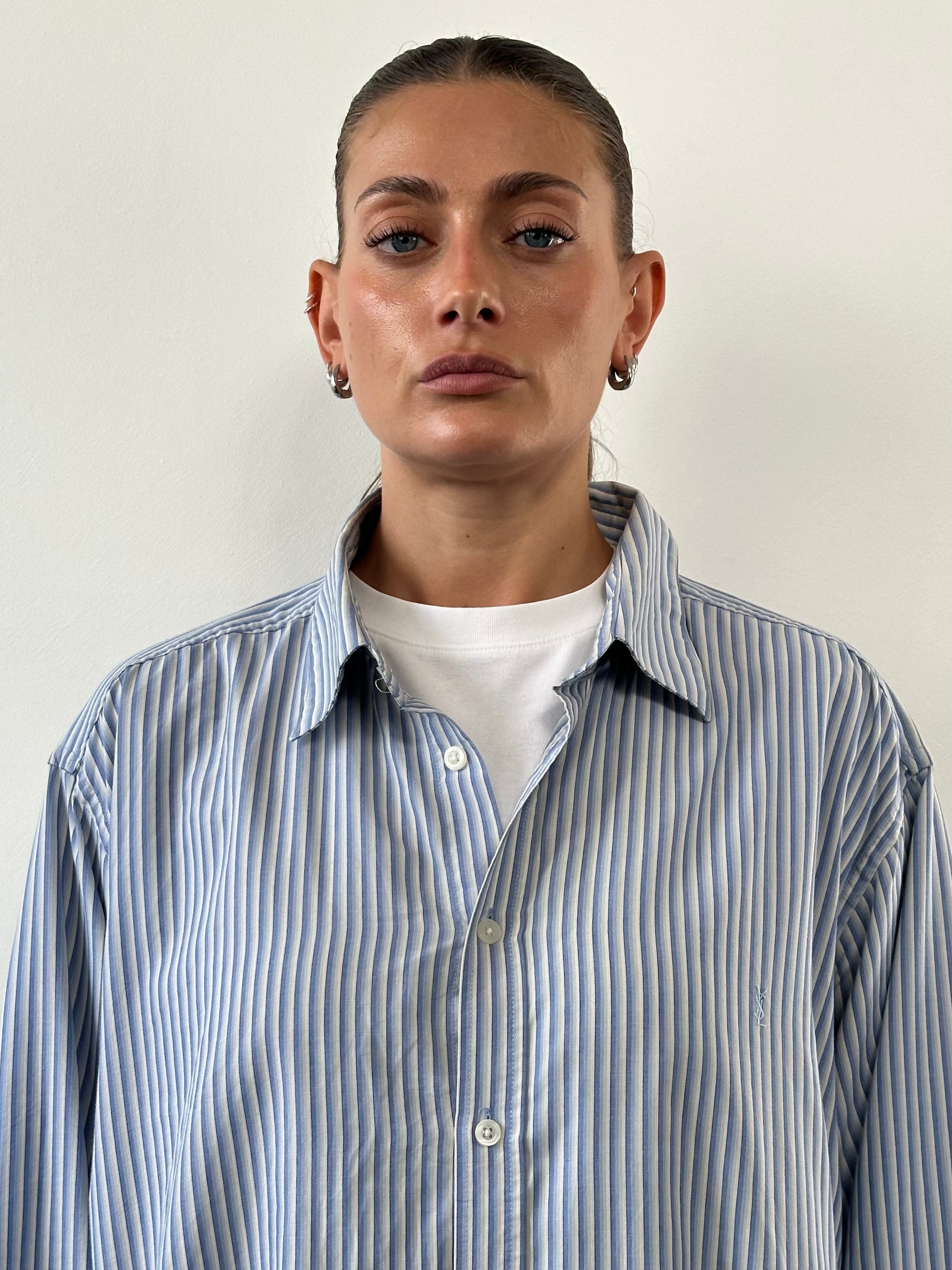 Yves Saint Laurent Pour Homme stripe cotton logo shirt in XXL, featuring a classic design with bold stripes and the YSL logo.