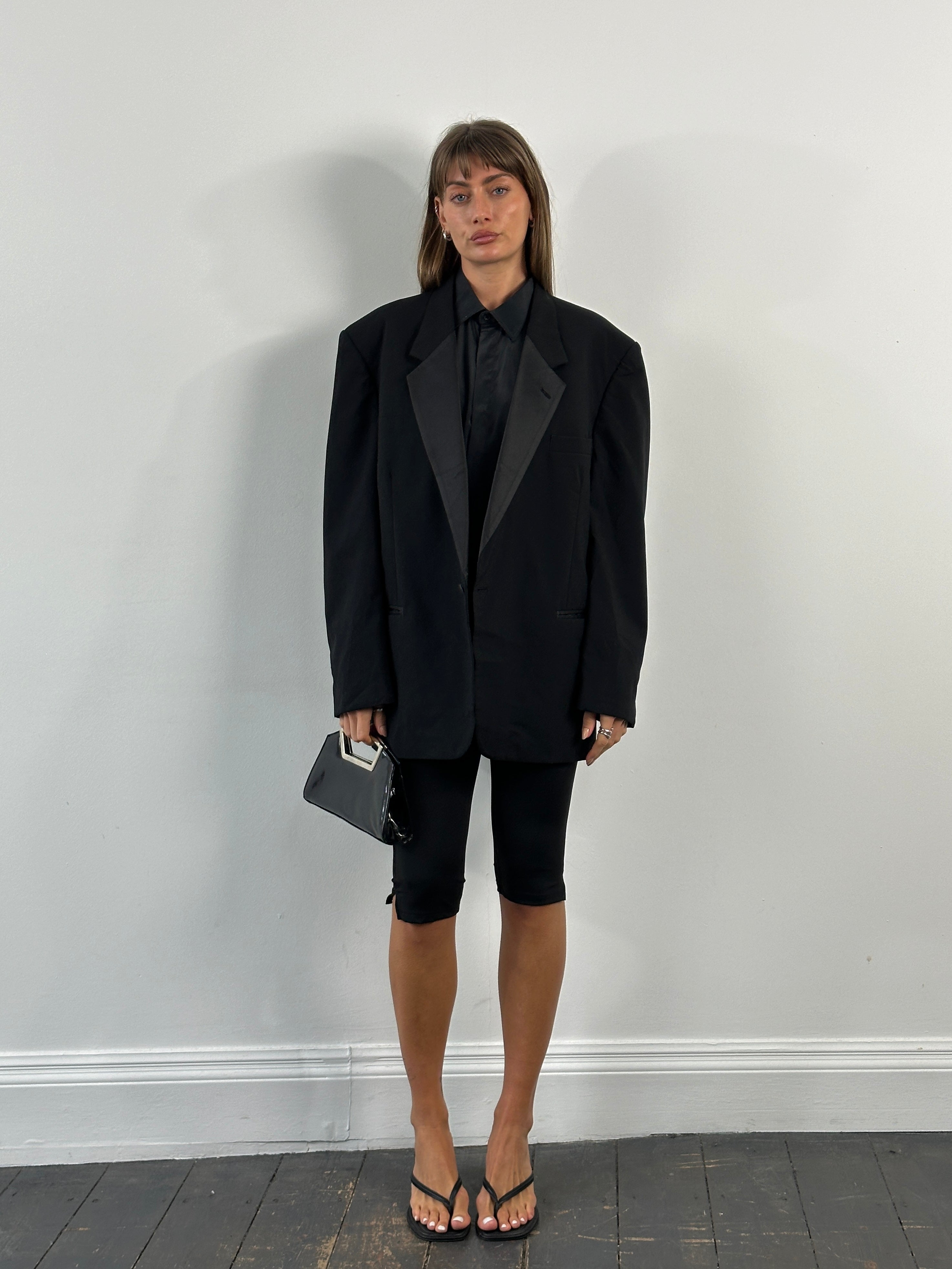 Christian Dior Le Connaisseur 1990s pure wool tuxedo blazer, 46R/XXL, showing tailored fit and classic black design.