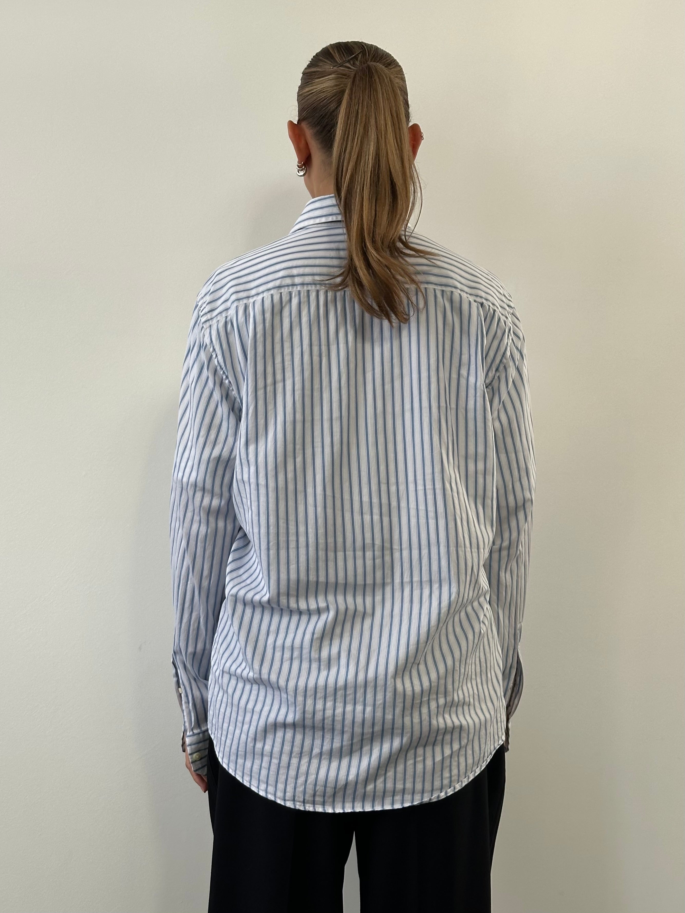 Yves Saint Laurent Pour Homme stripe logo shirt in size L/XL, featuring a classic design with bold logo stripes and a comfortable fit.