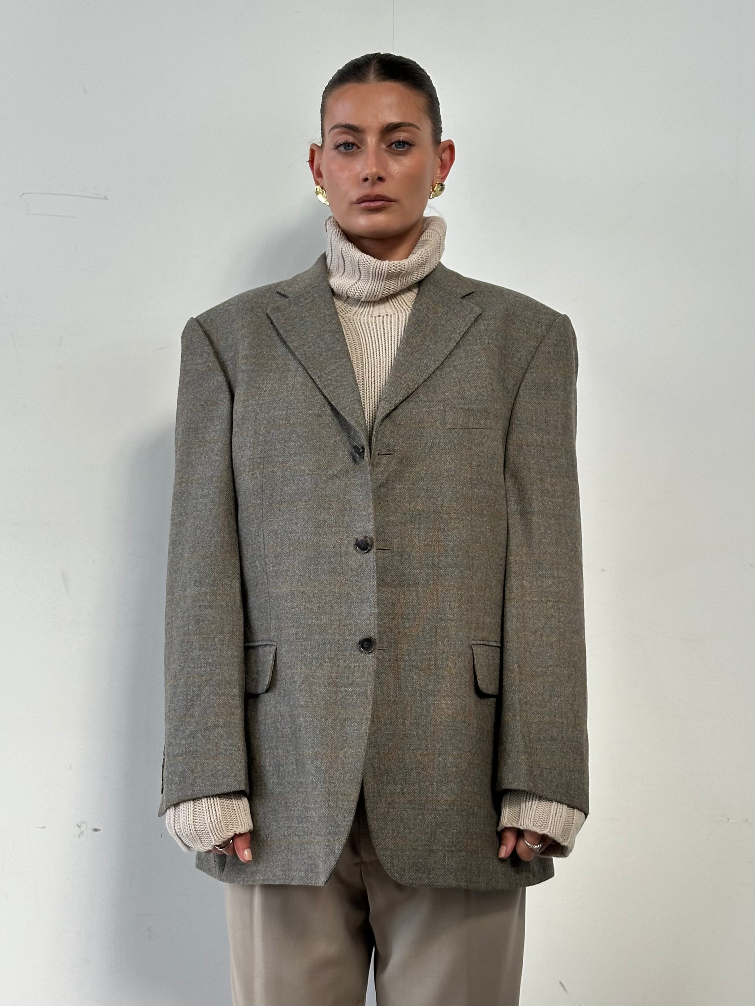 Yves Saint Laurent Pour Homme brushed wool check blazer in XL/XXL, tailored fit with classic pattern and structured collar.