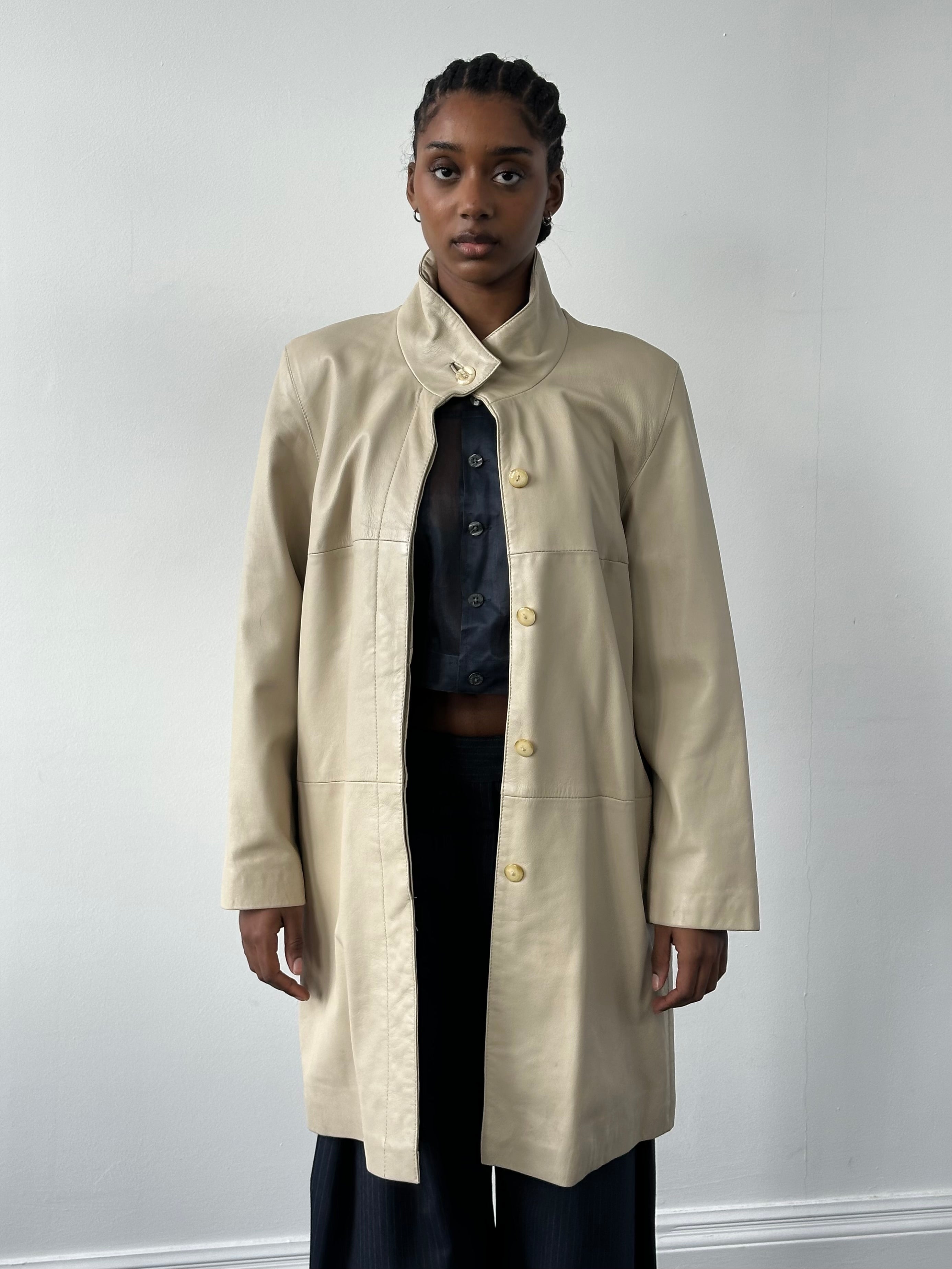 Vintage 1990s high neck leather trench coat, stylish leather jacket with classic design in black, M/L size.