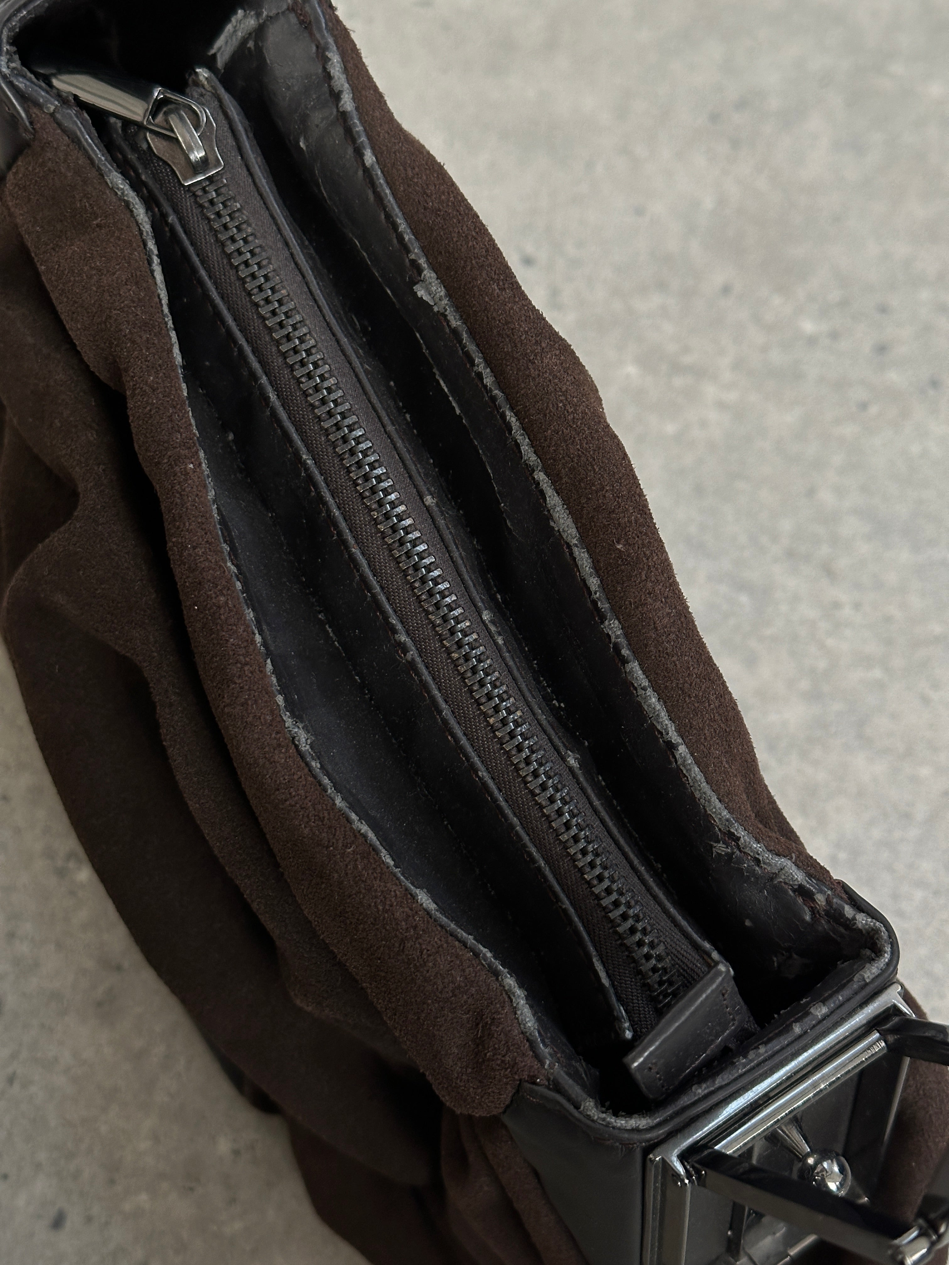 Armani Jeans suede shoulder bag with ruched design, featuring a stylish and textured look, perfect for casual or elegant outfits.
