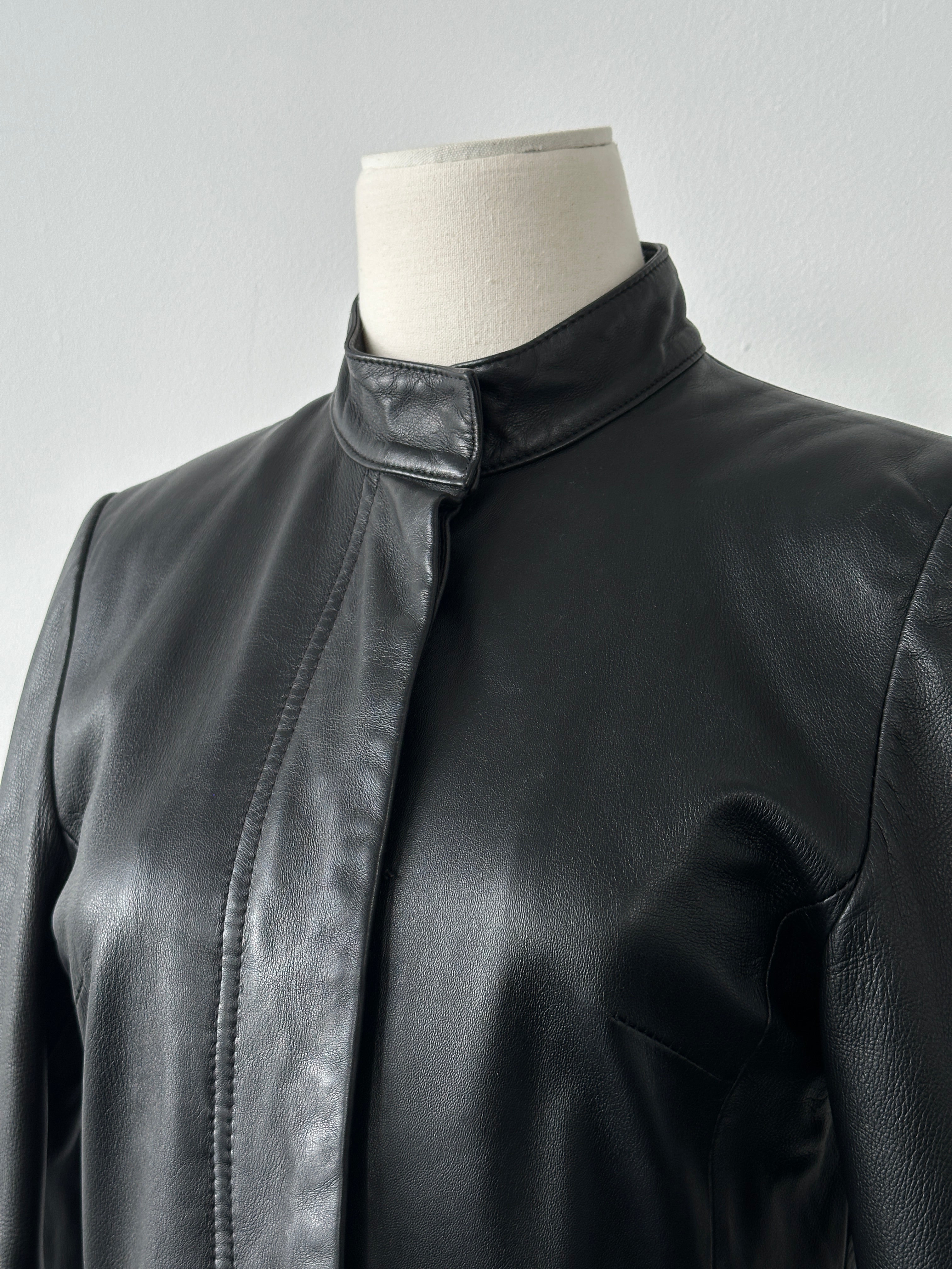Vintage 1990s Leather High Neck Trench Coat - S
