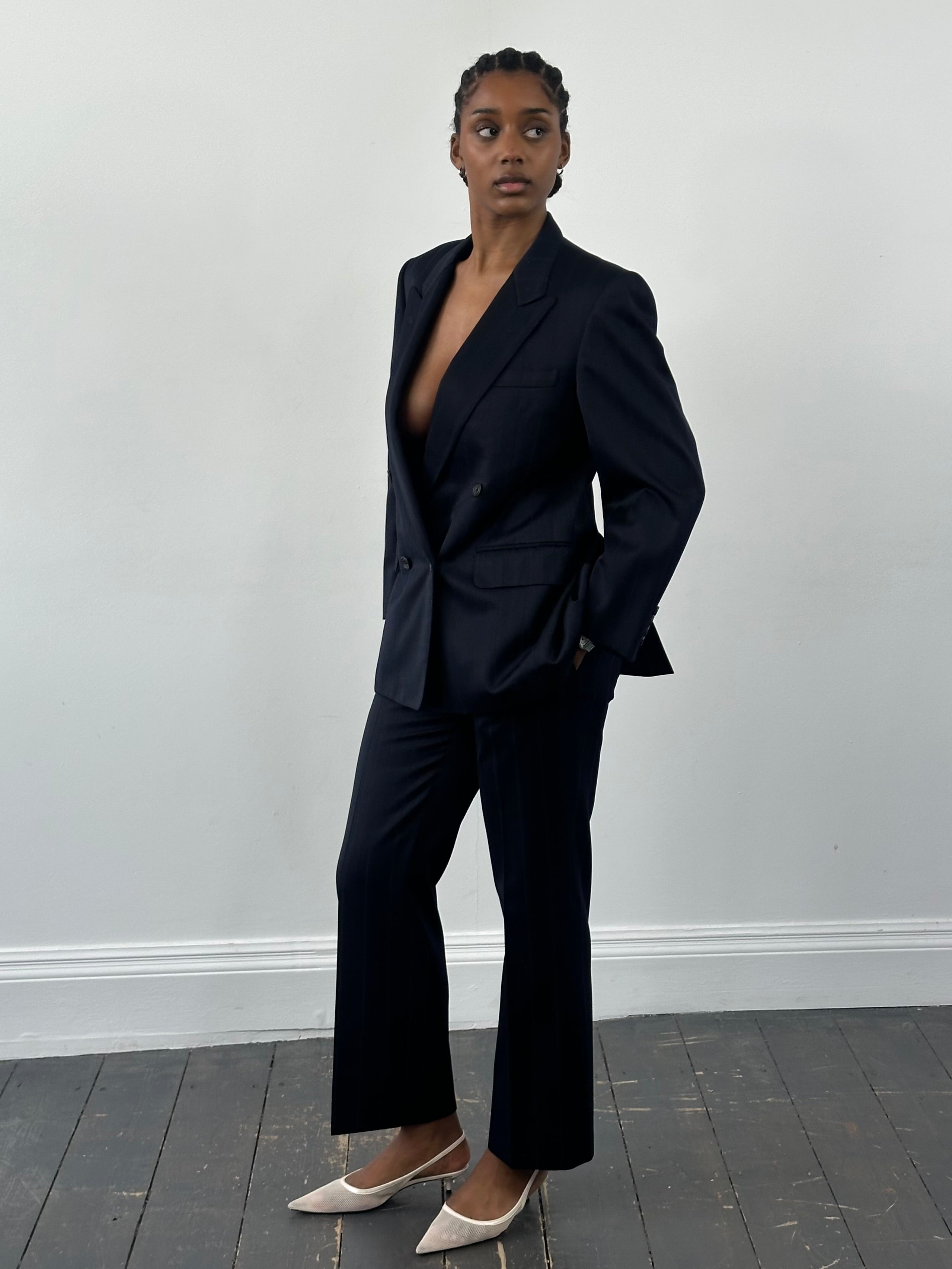 Burberry 1990s pure wool striped double-breasted suit, size 36S/W28, featuring classic tailored design in a navy and beige pattern.