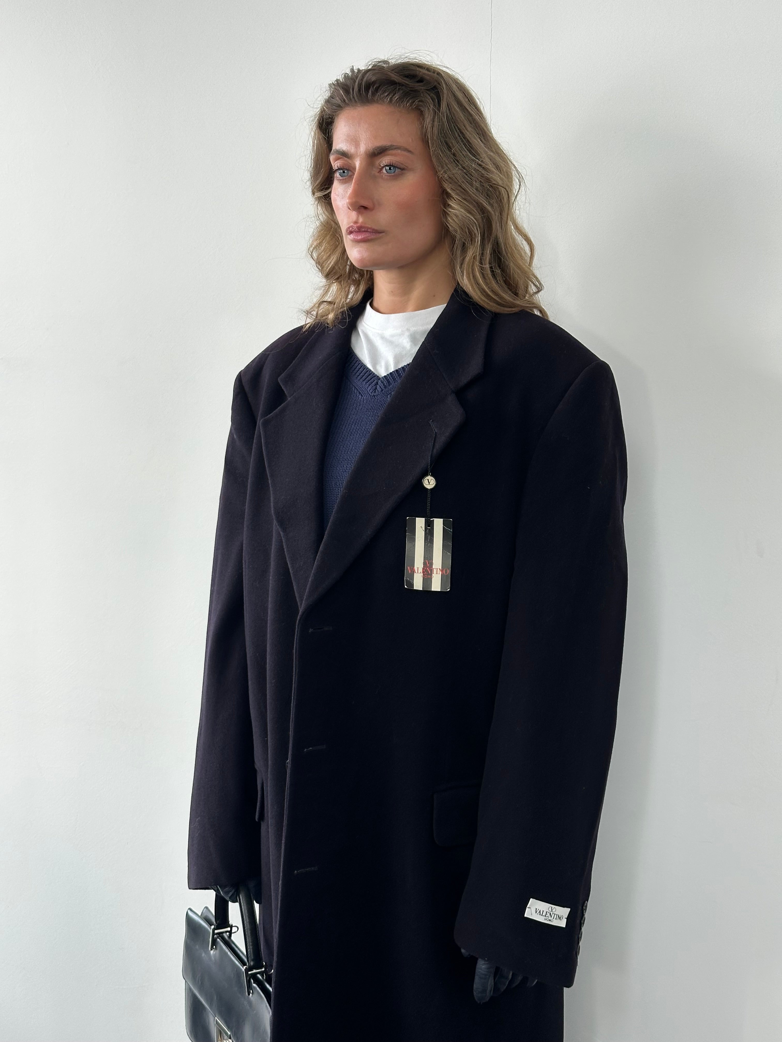 Valentino pure wool single-breasted coat in XL/XXL, stylish and warm, displayed on a hanger with a neutral background.