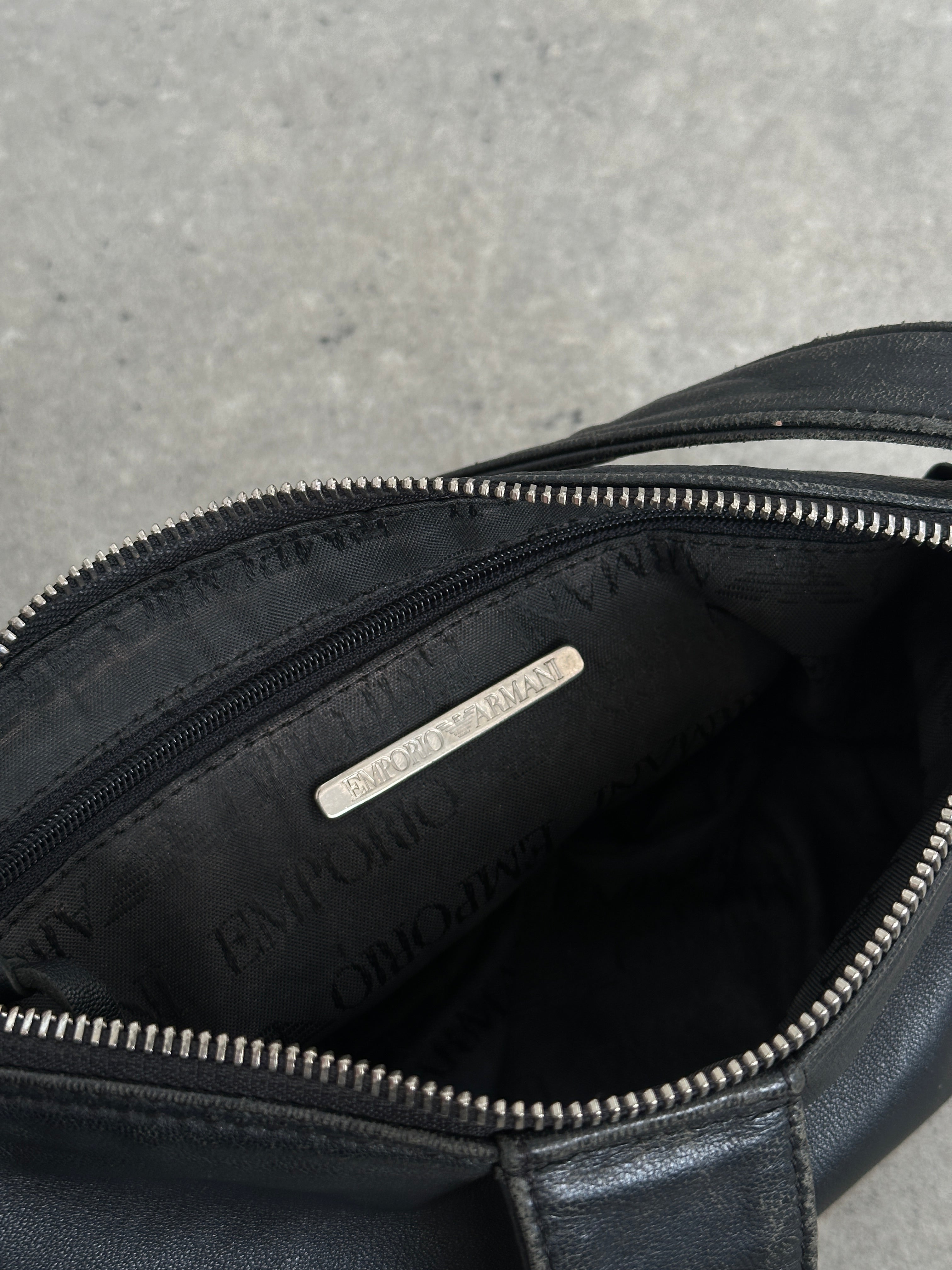 Emporio Armani 2000s aged leather shoulder bag with sleek design and subtle branding, featuring a stylish shoulder strap and classic craftsmanship.