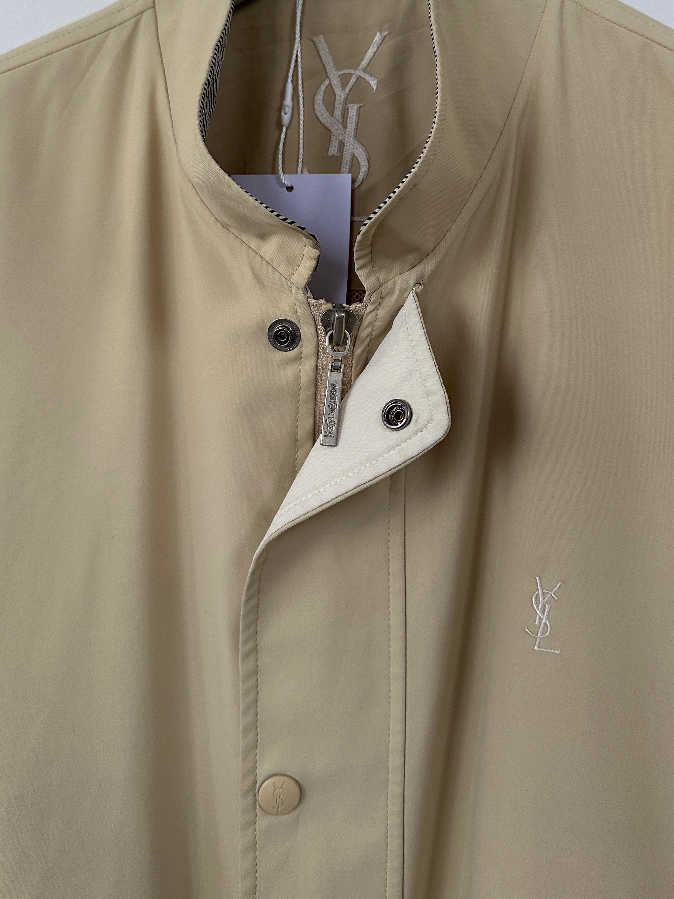 Yves Saint Laurent Pour Homme logo bomber jacket in size L, stylish men's jacket with signature branding and sleek design.