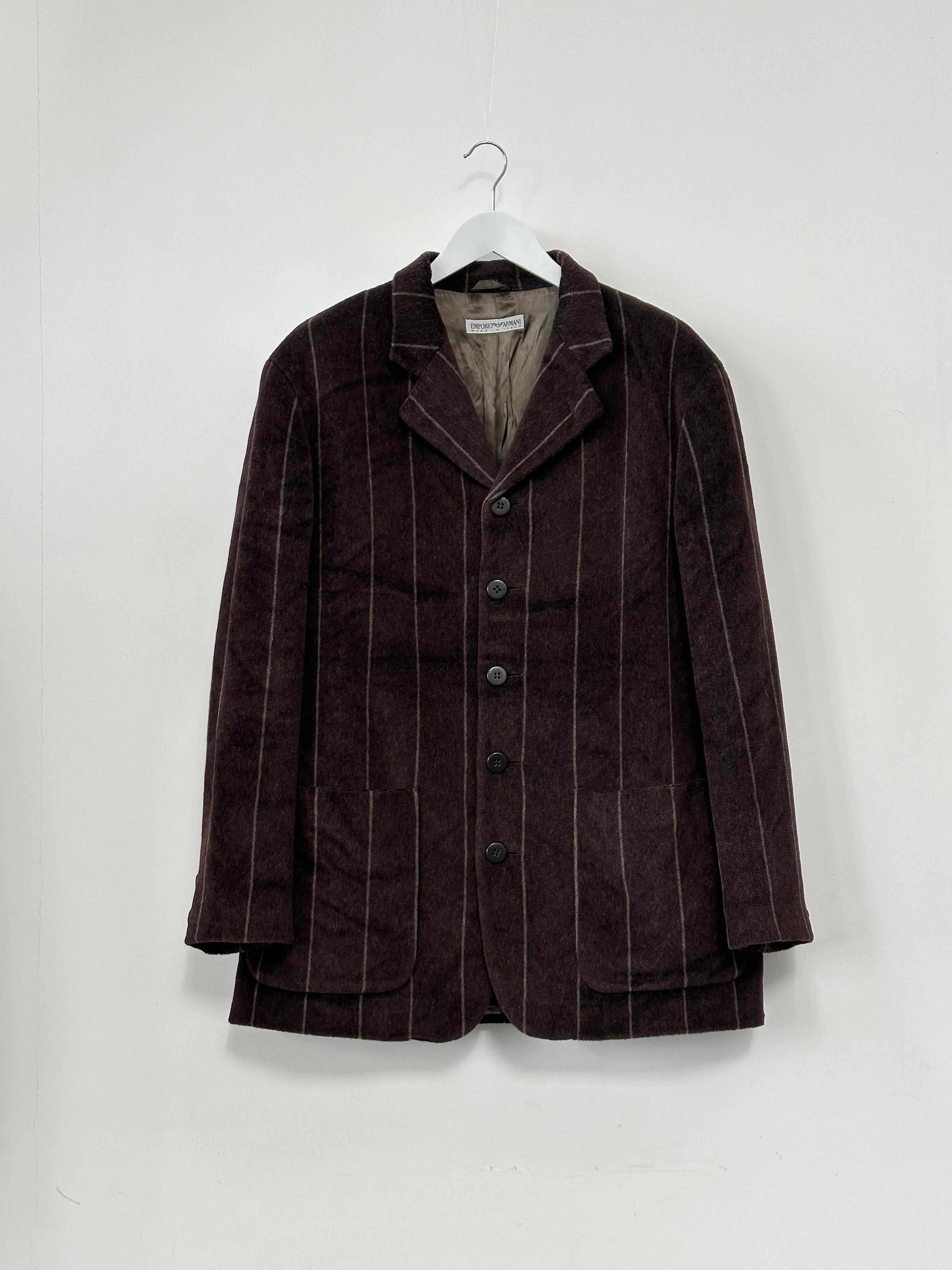 Emporio Armani wool fuzzy stripe blazer coat in size 42R/XL, featuring a stylish pattern and tailored fit.