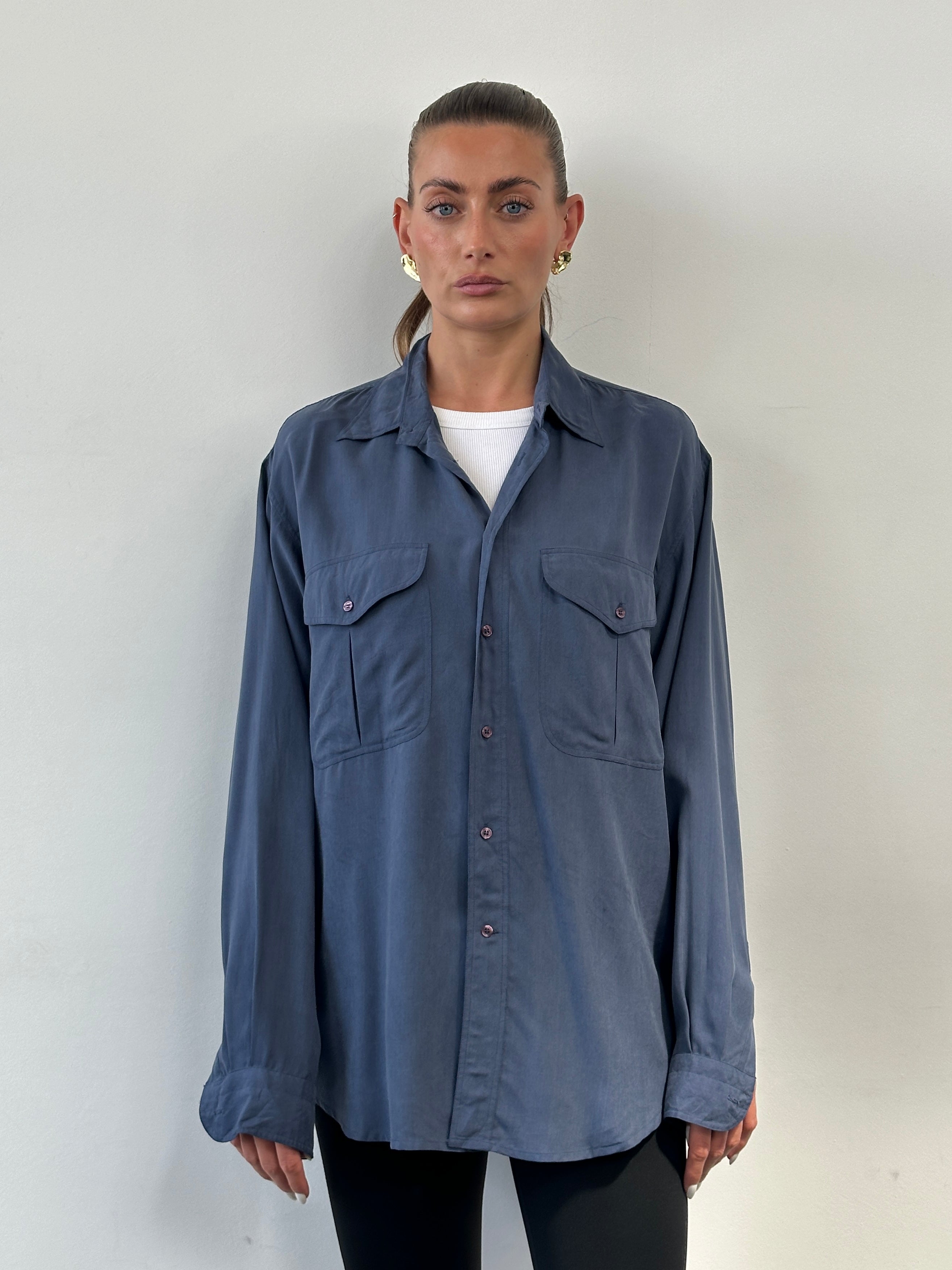 Vintage pure silk shirt in size XL with a classic fit, featuring a smooth, shiny fabric and elegant design.