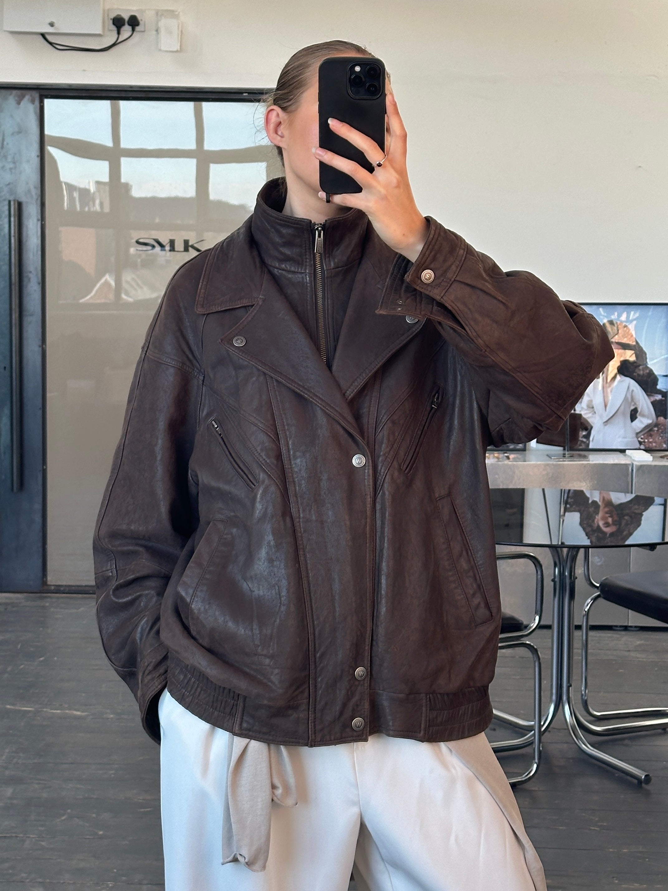 Vintage 1990s High Neck Bomber Leather Jacket - XL - SYLK