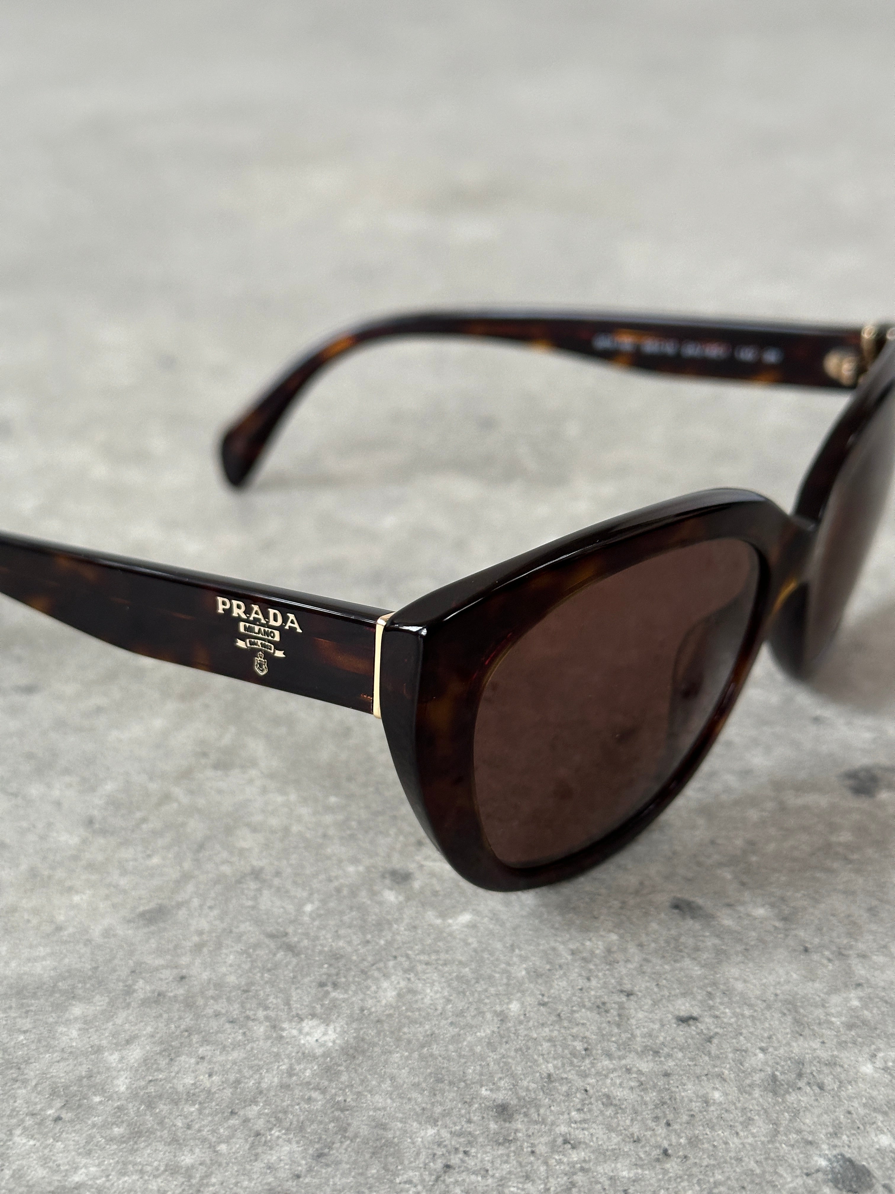 Prada tortoise shell round logo sunglasses with dark tinted lenses and metal frame, stylish eyewear accessory.