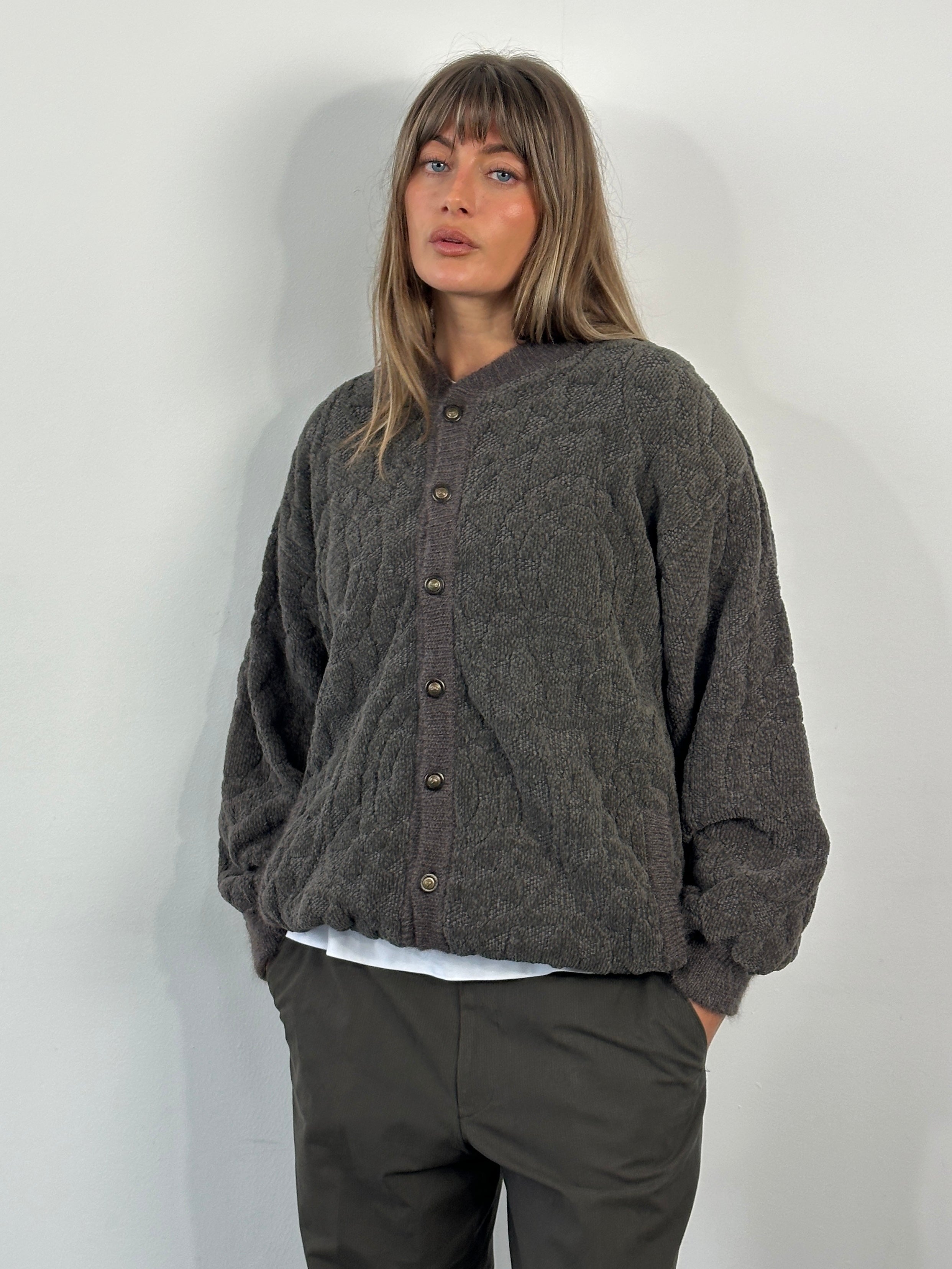 Vintage 1980s cotton knit bomber jacket in XL, featuring classic design and textured fabric, from the Vintage brand.