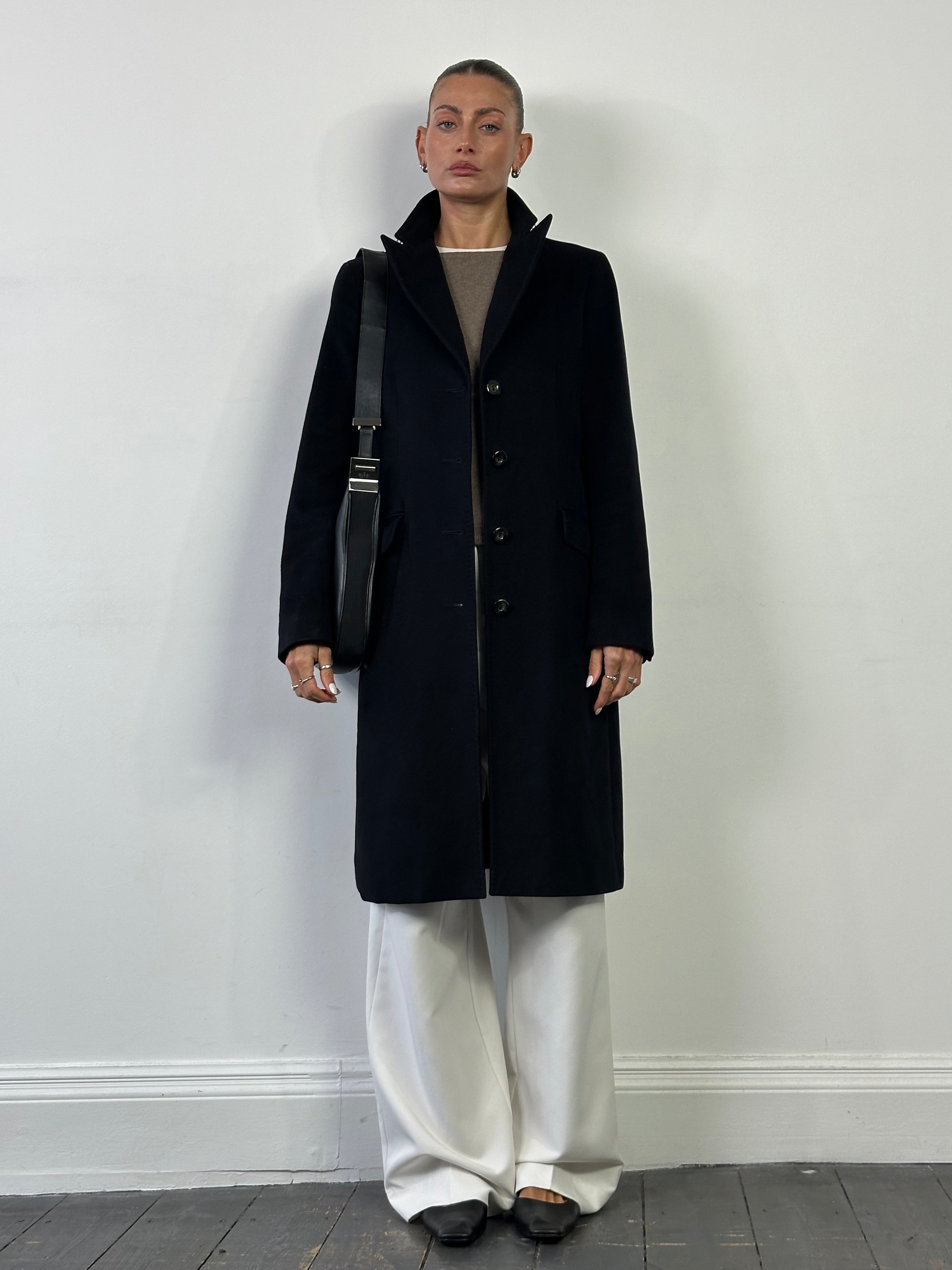 Max Mara Studio pure virgin wool single-breasted coat in M/L size, shown hanging on a wooden hanger.