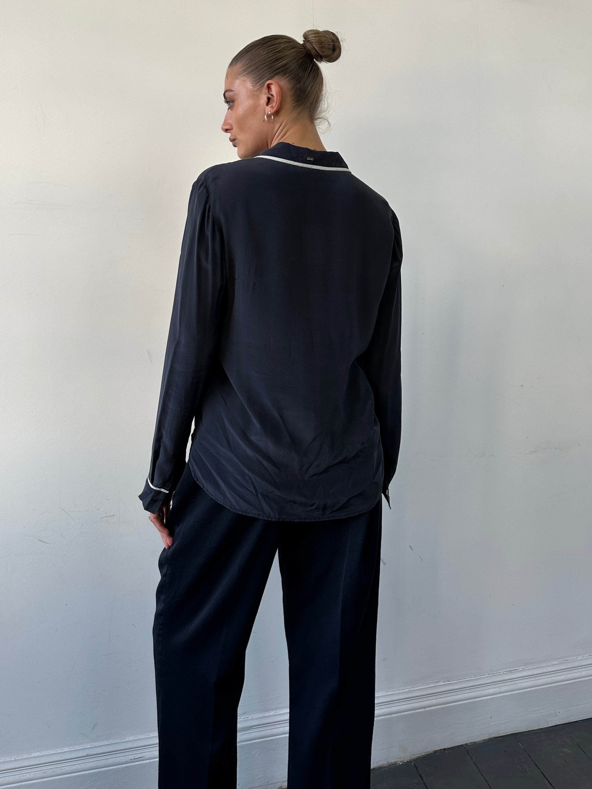 Armani Jeans silk pajama shirt in size M, light blue with button front and classic collar, soft and stylish sleepwear.