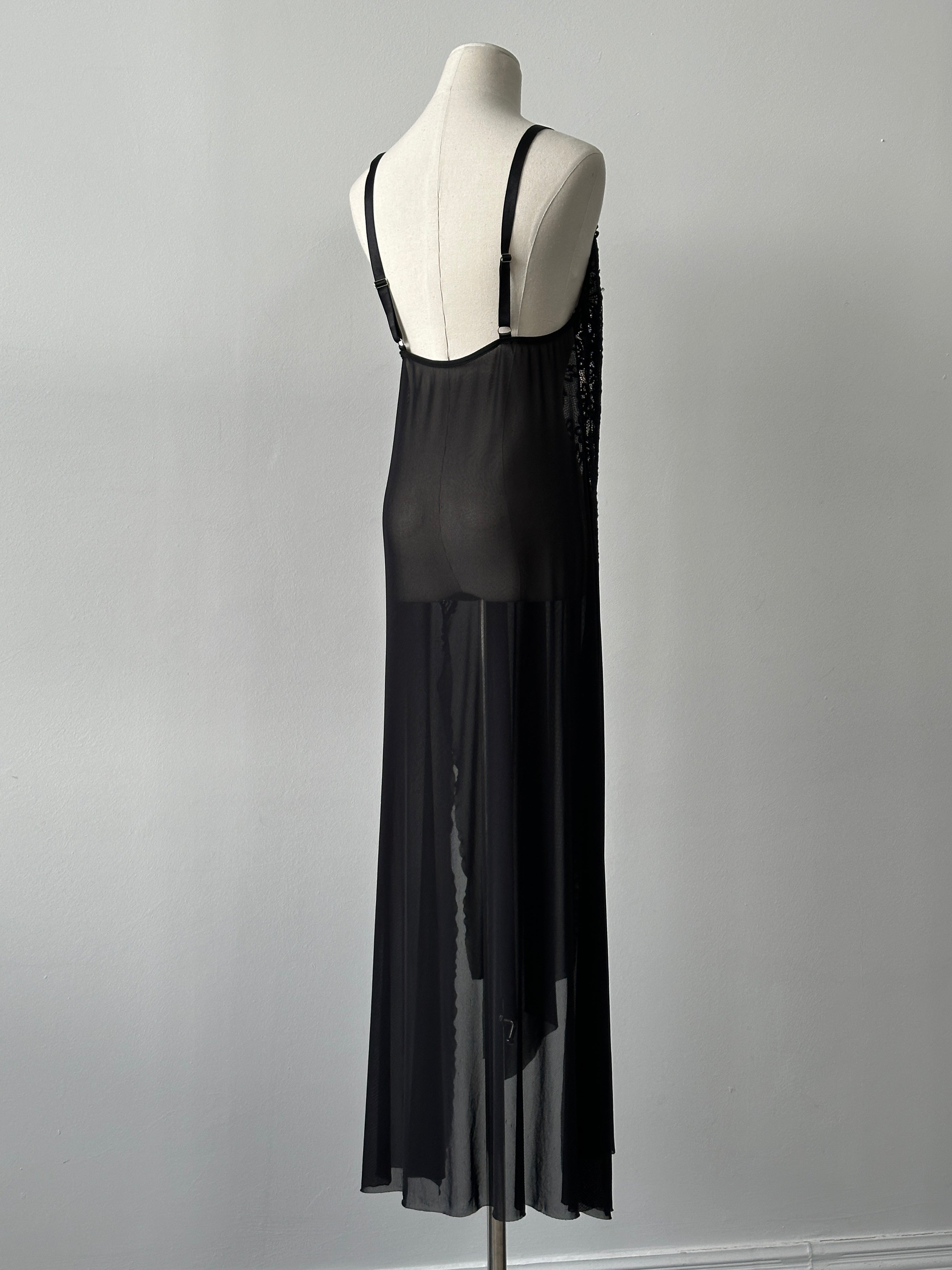 Vintage 2000s lace split front sheer floor-length dress, featuring elegant design and flowing fabric, available in M to XL sizes.