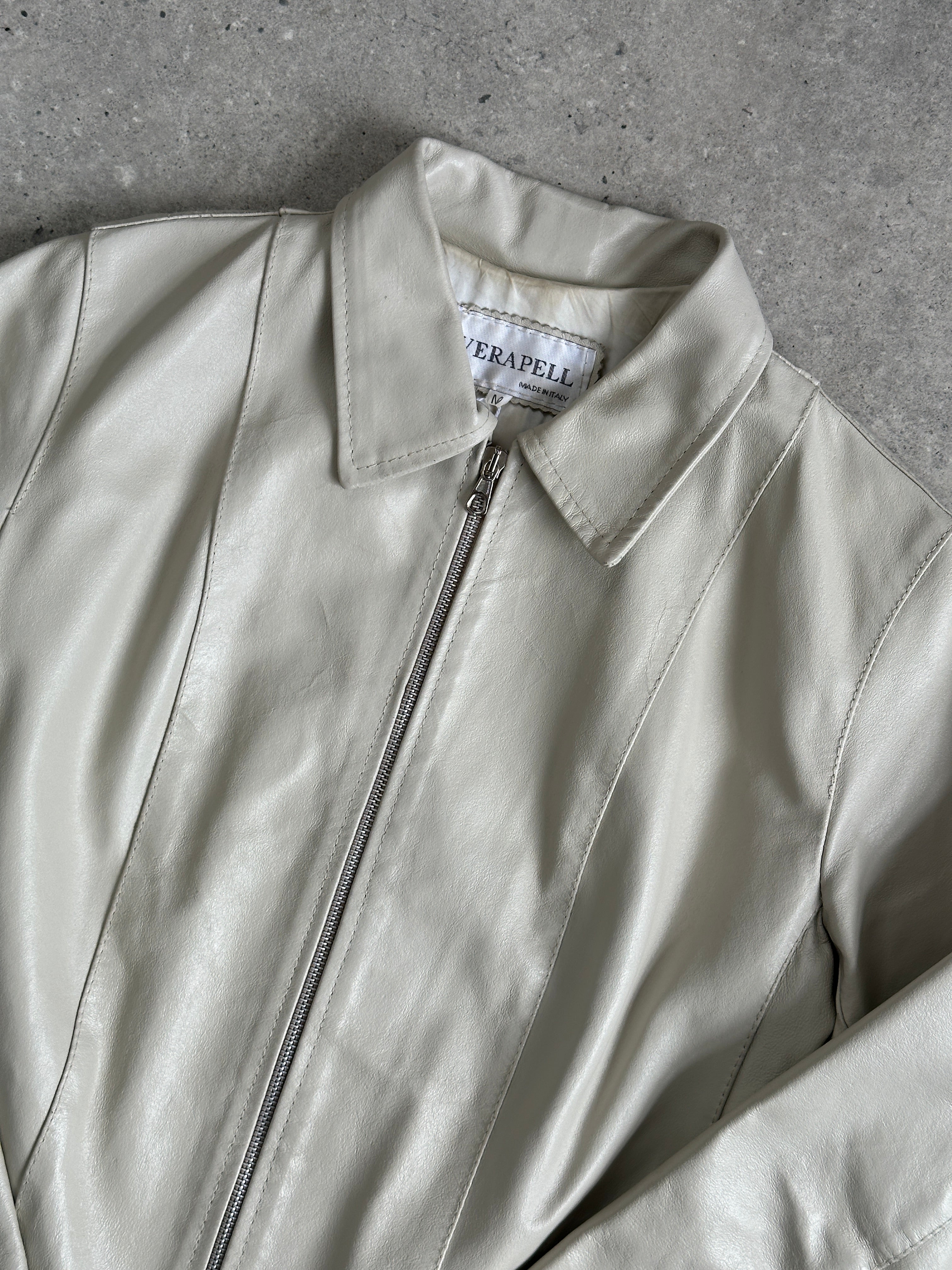 Vintage Italian leather zip-up jacket in size small, featuring a classic distressed leather look and vintage style.