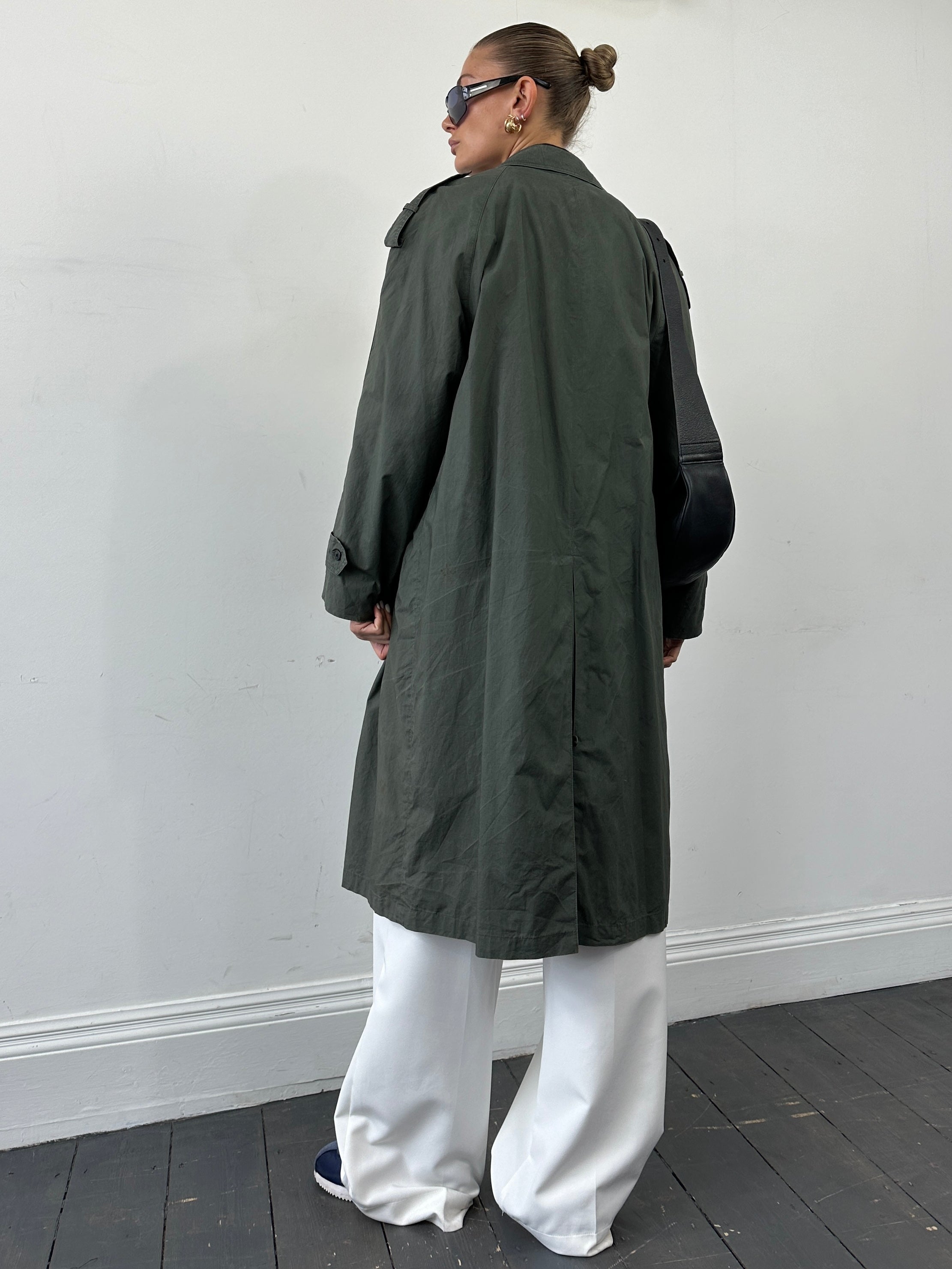 Yves Saint Laurent Diffusion Hommes men's cotton trench coat with concealed placket in size L, shown on a model.