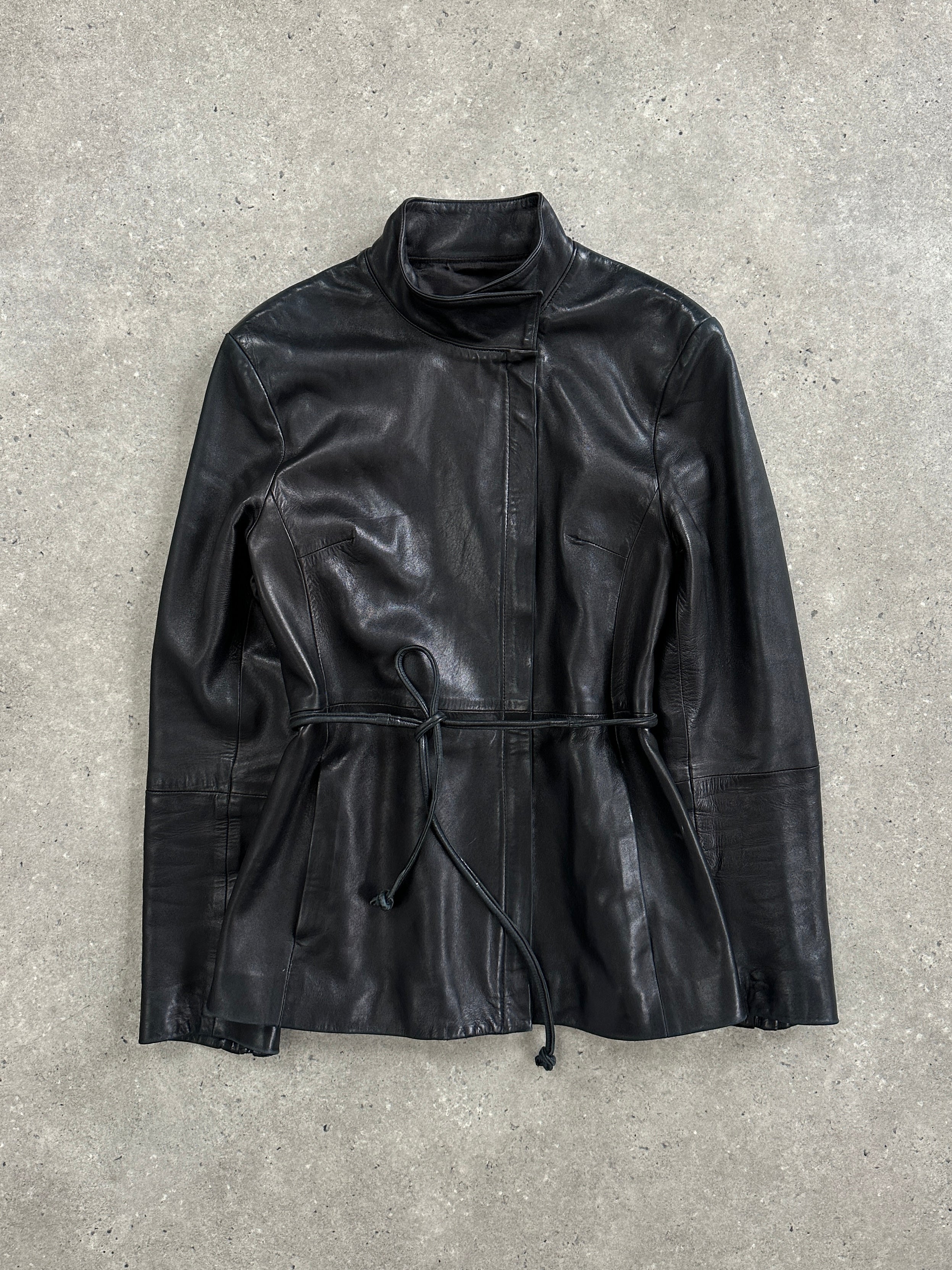 Vintage French 1990s leather jacket with high neck tie belt, size S/M, featuring classic retro design and distressed leather texture.