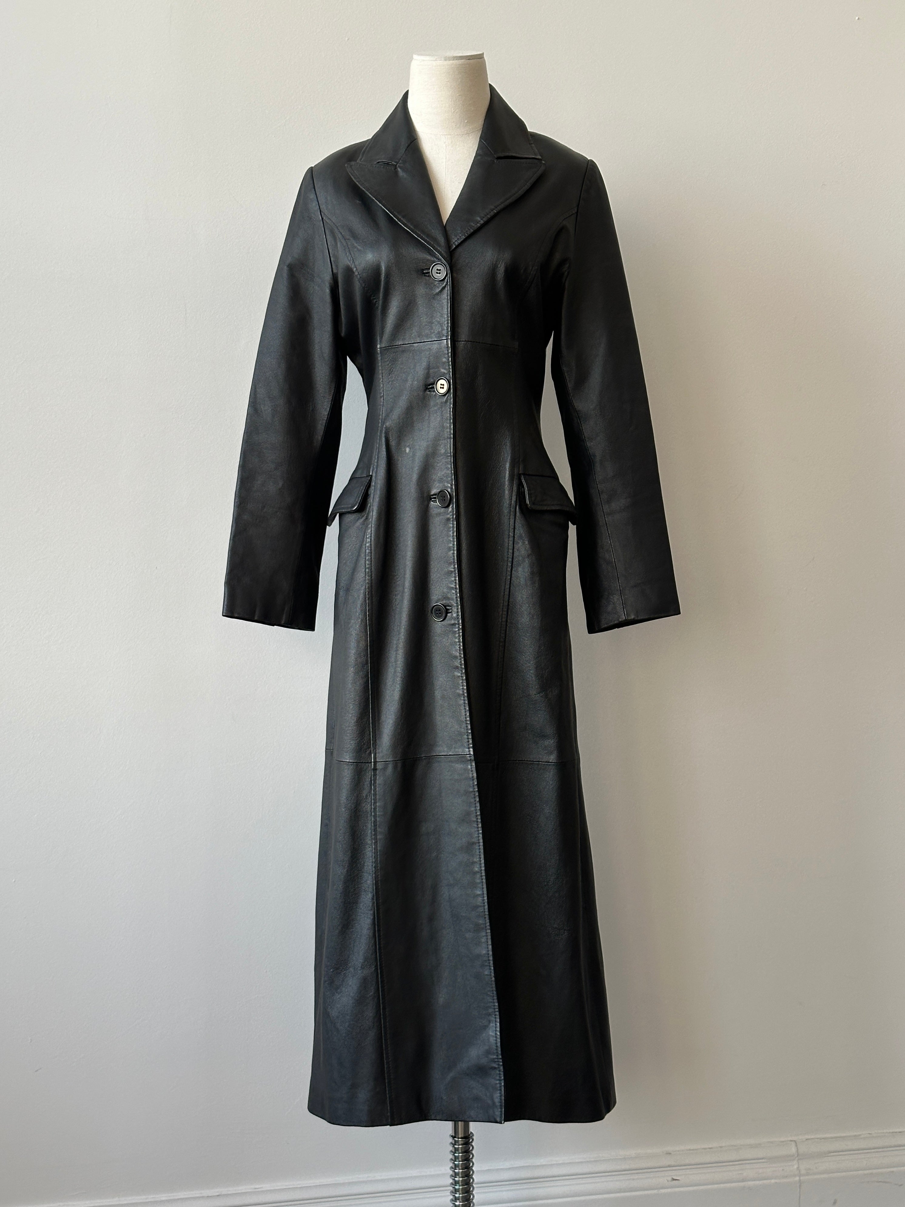 Vintage 1990s Leather Floor Length Trench Coat - S