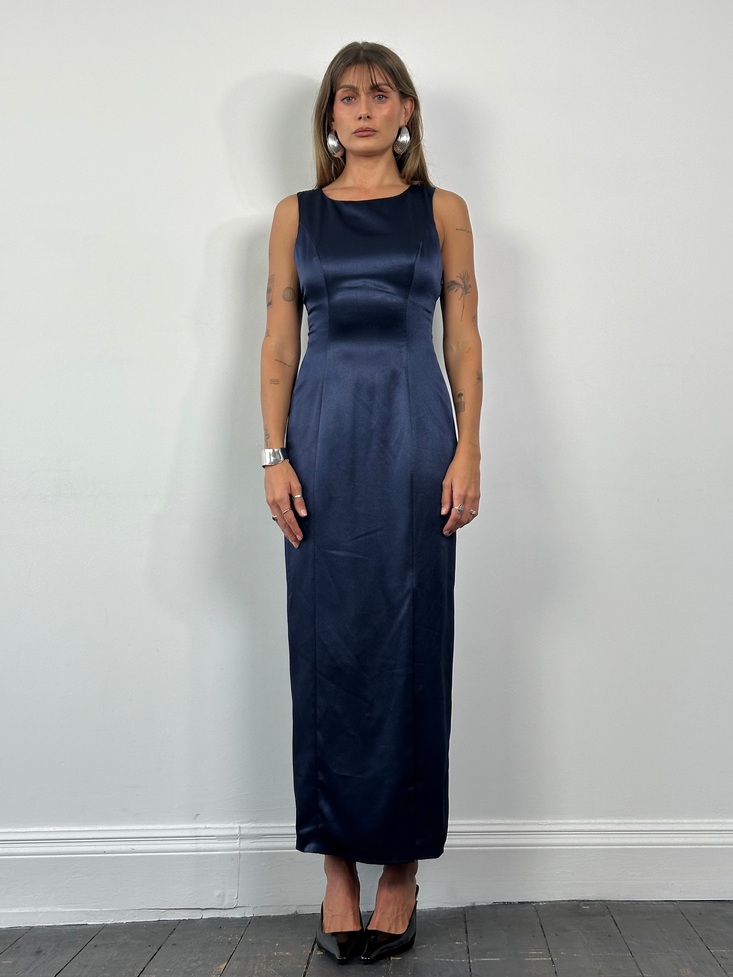 Vintage cross back satin maxi dress in size small, elegant vintage dress with flowing fabric and stylish cross back design.