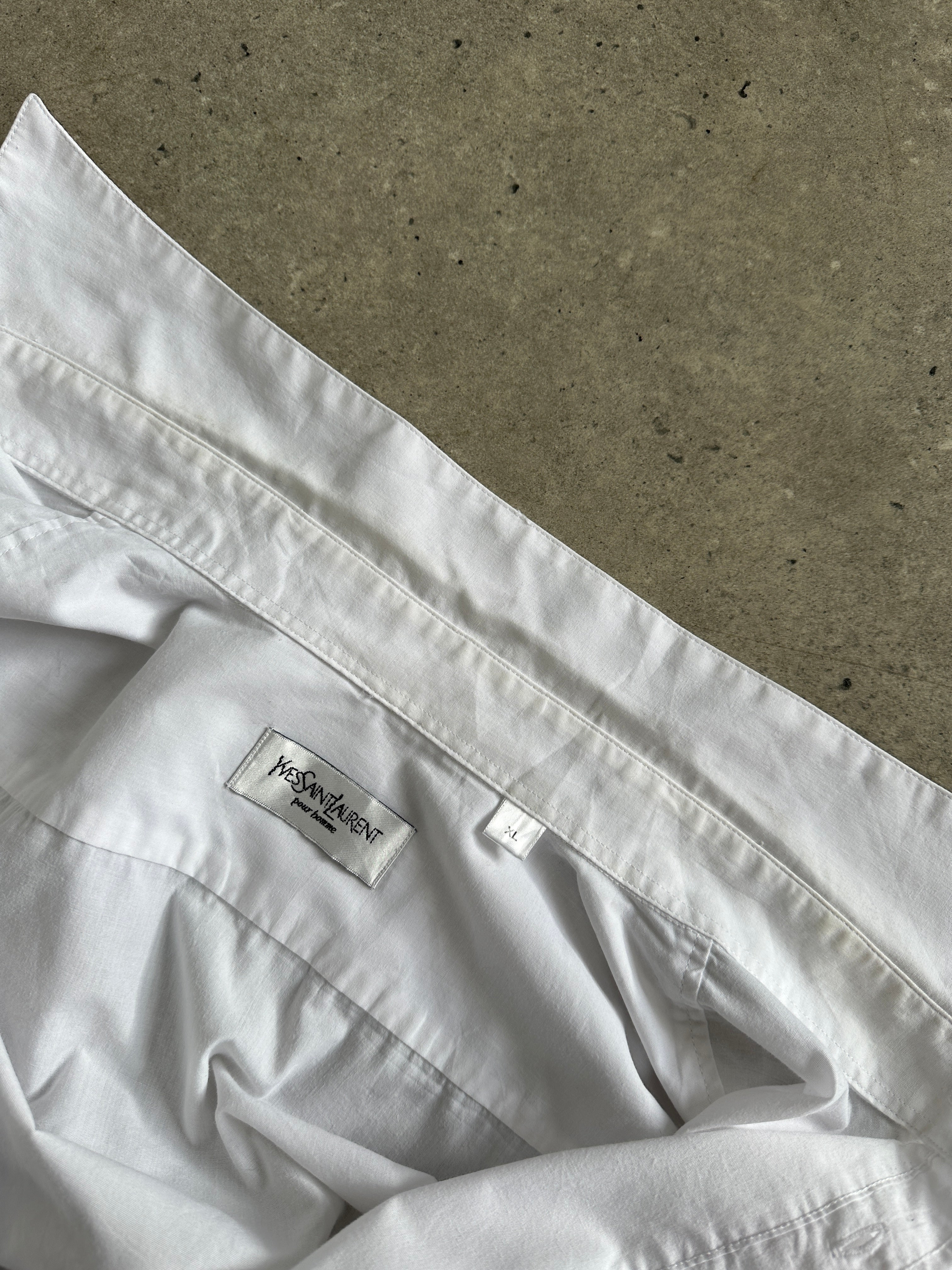 Yves Saint Laurent Pour Homme 2000s cotton logo shirt in XL, featuring the classic YSL logo on the front, casual men's shirt.