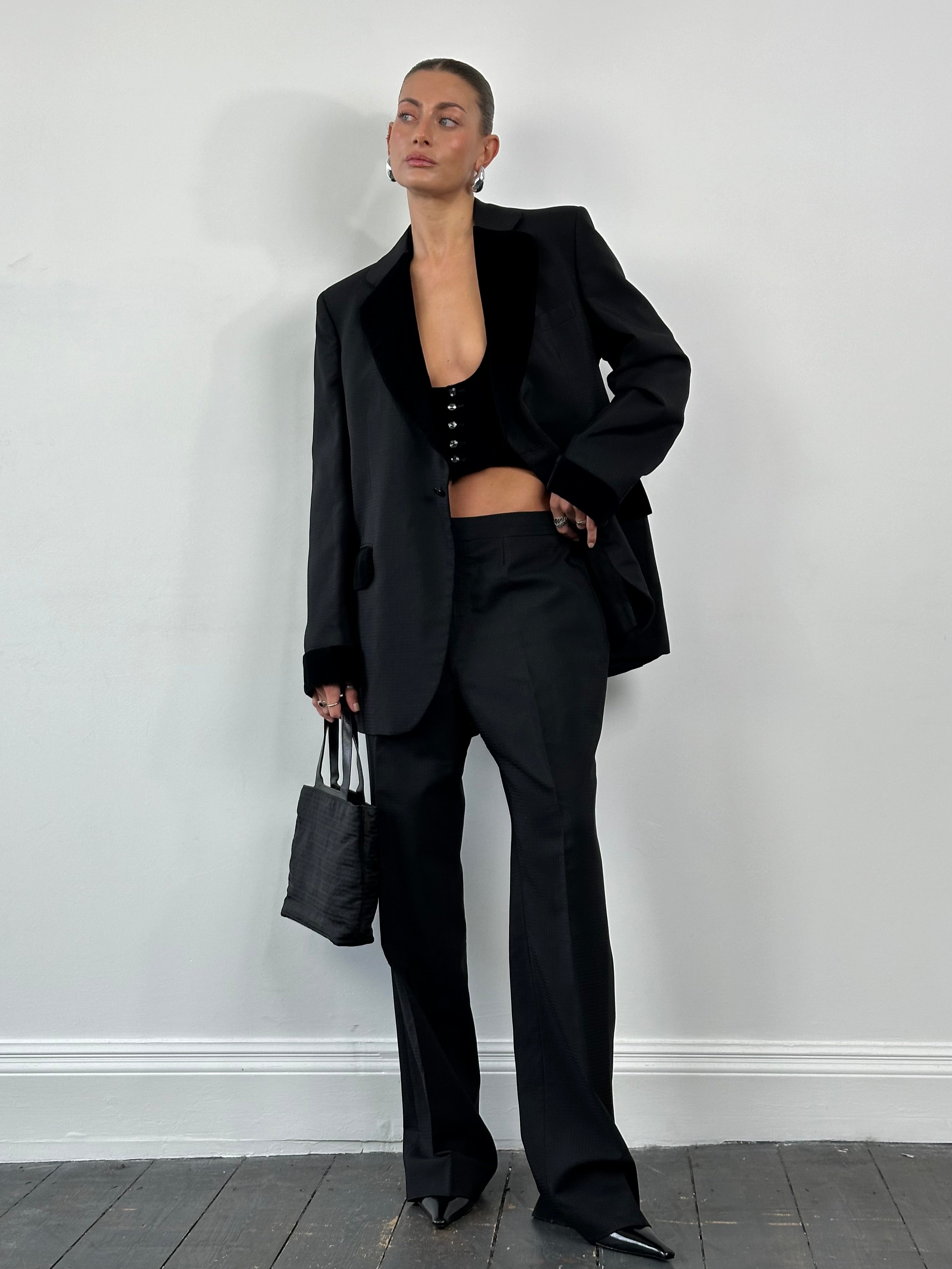 Christian Dior Monsieur 1990s velvet three-piece tuxedo suit, size 44L/W30, displayed on a mannequin.