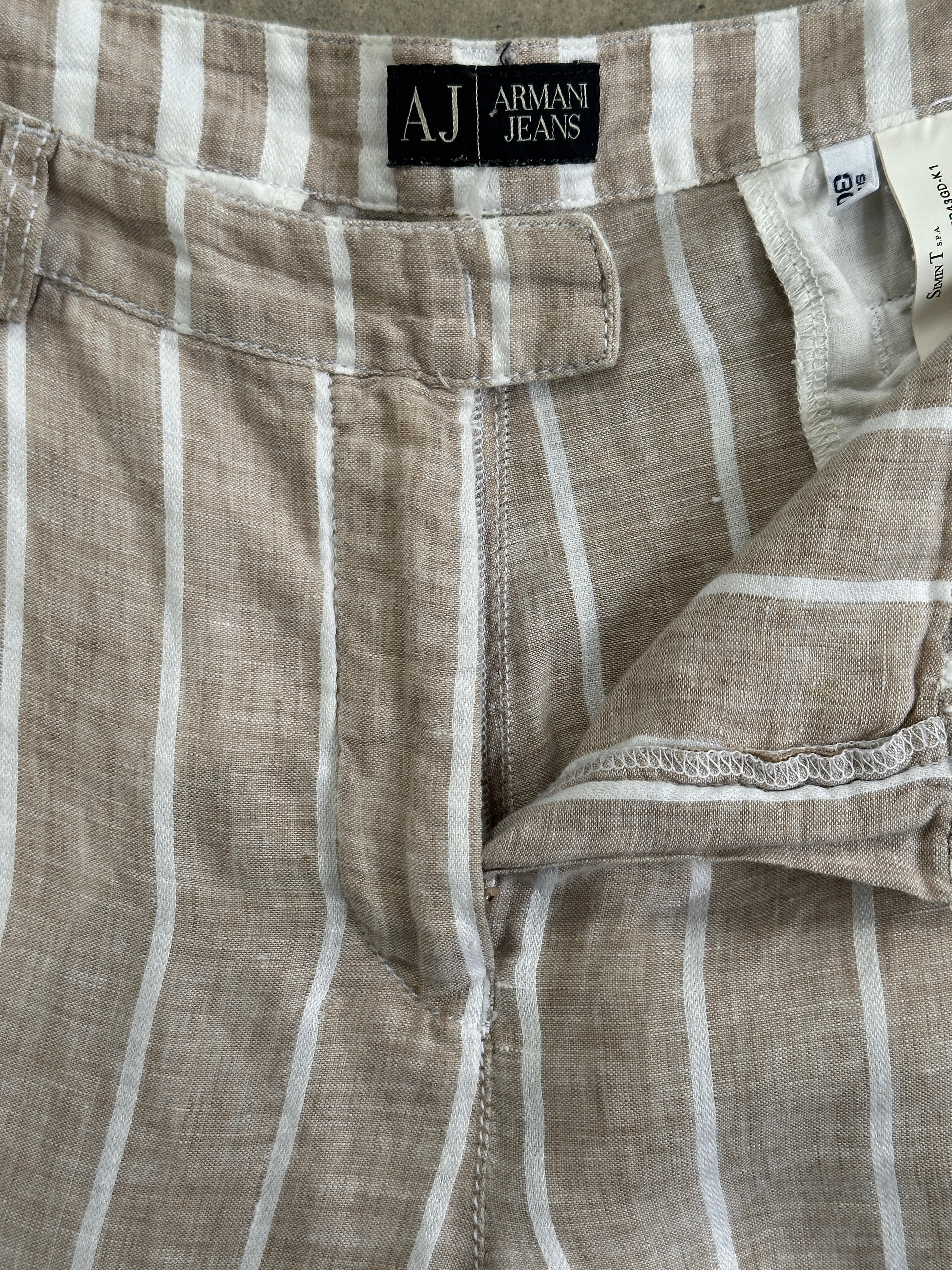 Armani Jeans pure linen wide-leg mid-rise stripe trousers, size W30, featuring a relaxed fit and stylish pattern.