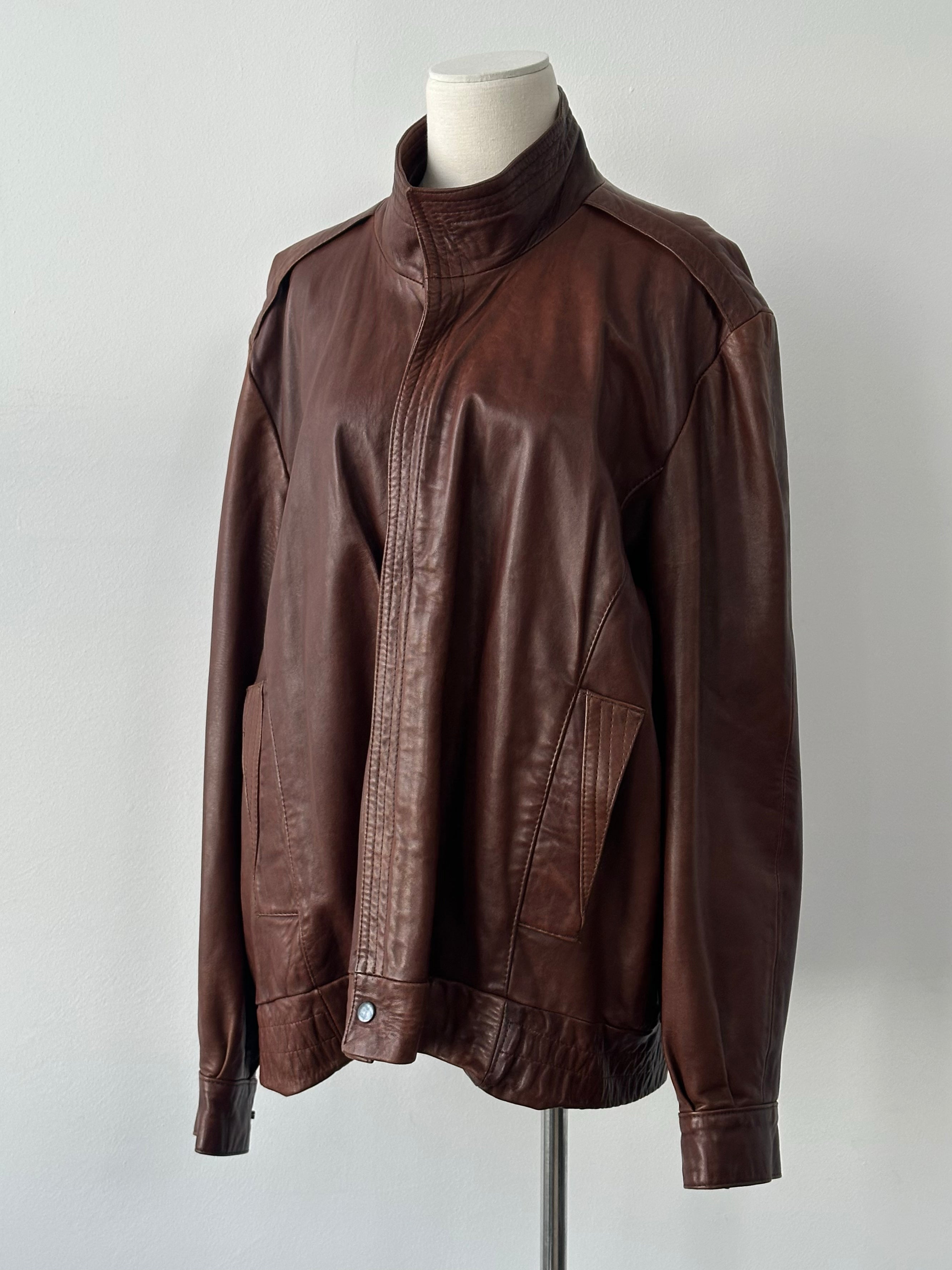 British Vintage 1980s High Neck Leather Bomber Jacket - L