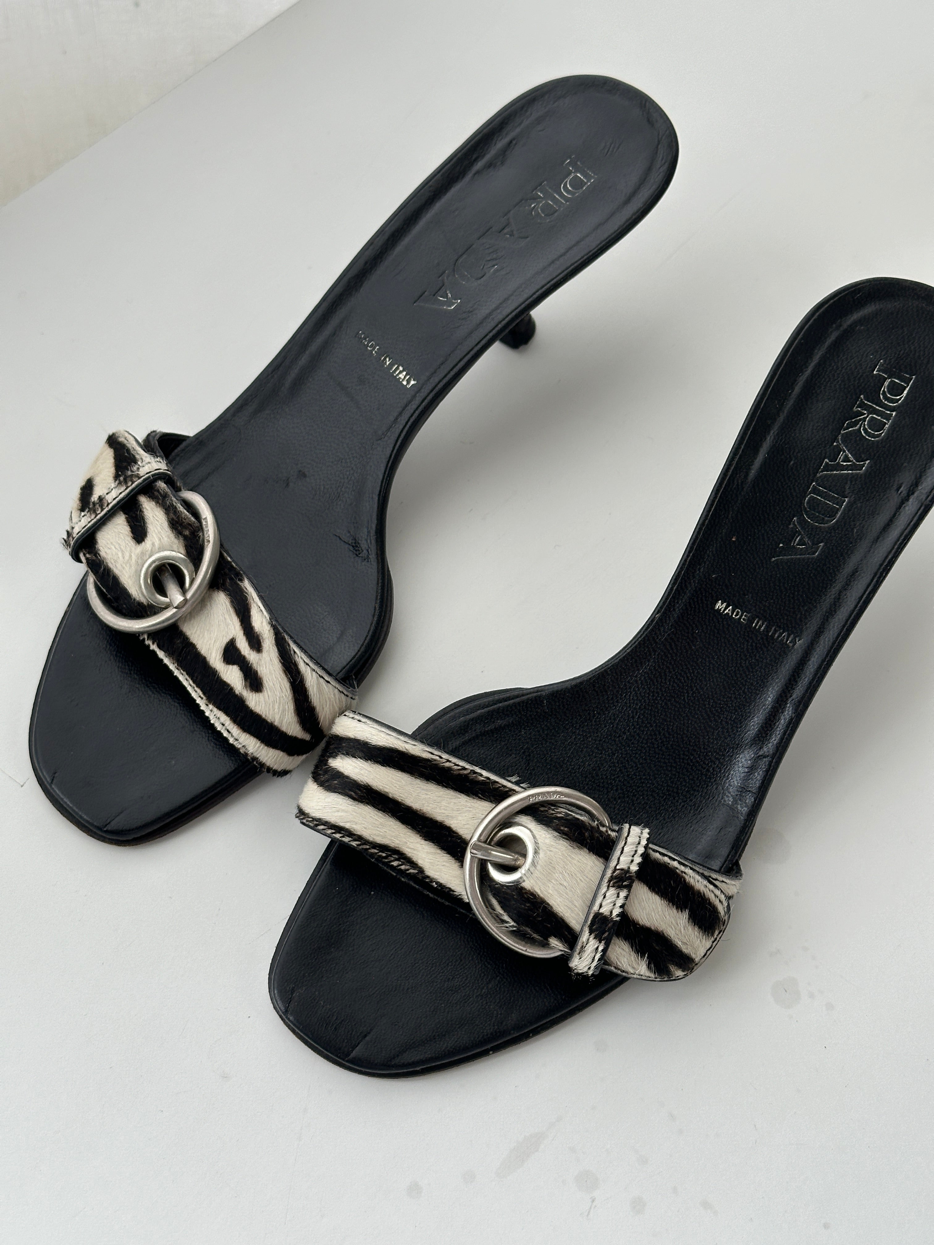 Prada zebra print pony hair kitten heels in UK 4.5 with pointed toe and slim heel, stylish and elegant footwear.