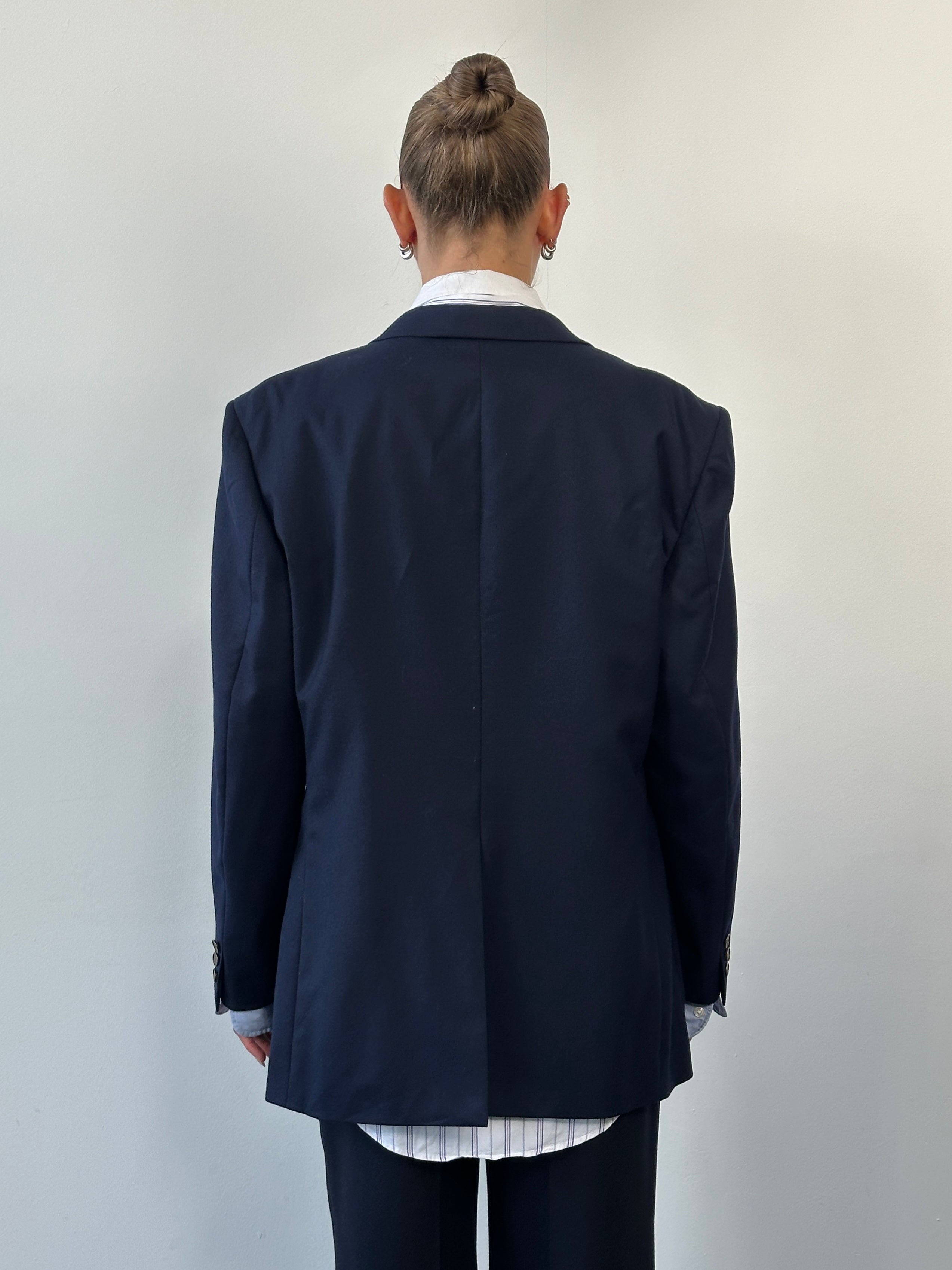 Yves Saint Laurent men's 1990s pure wool bespoke button blazer in size 46R/XL, dark tailored blazer with classic lapels.