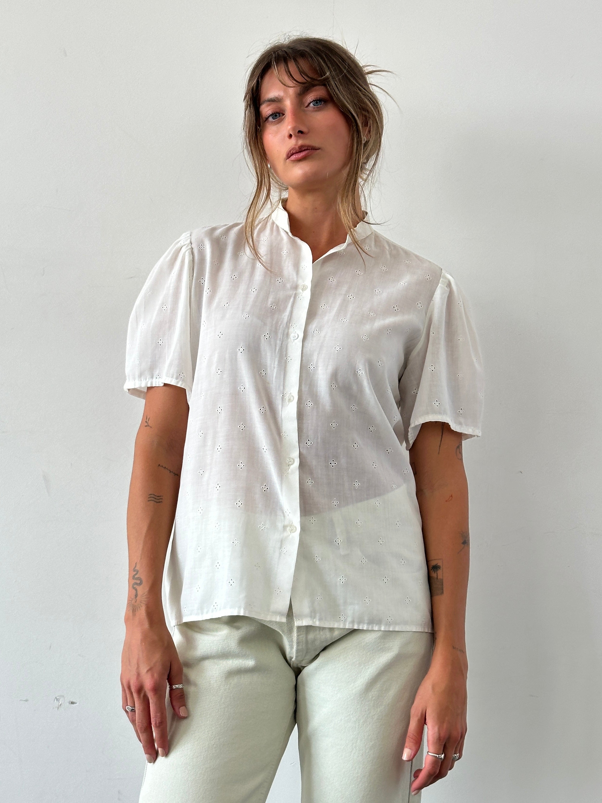 Vintage Pointelle Sheer Short Sleeve Shirt in M/L, lightweight and breathable with a delicate pattern, perfect for casual wear.
