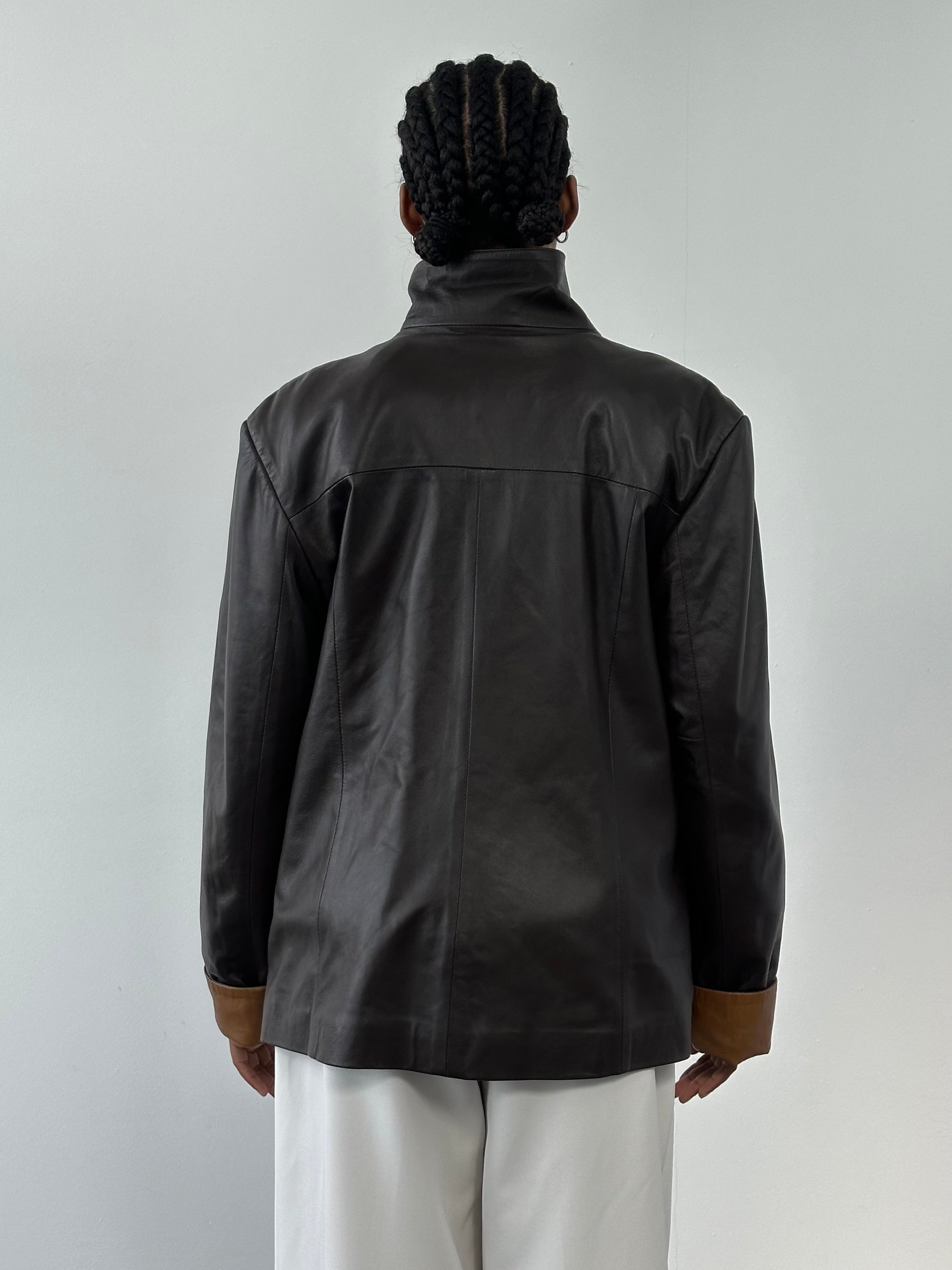 Vintage 1990s high neck contrast leather jacket in XL, featuring classic design with textured leather and stylish detailing.