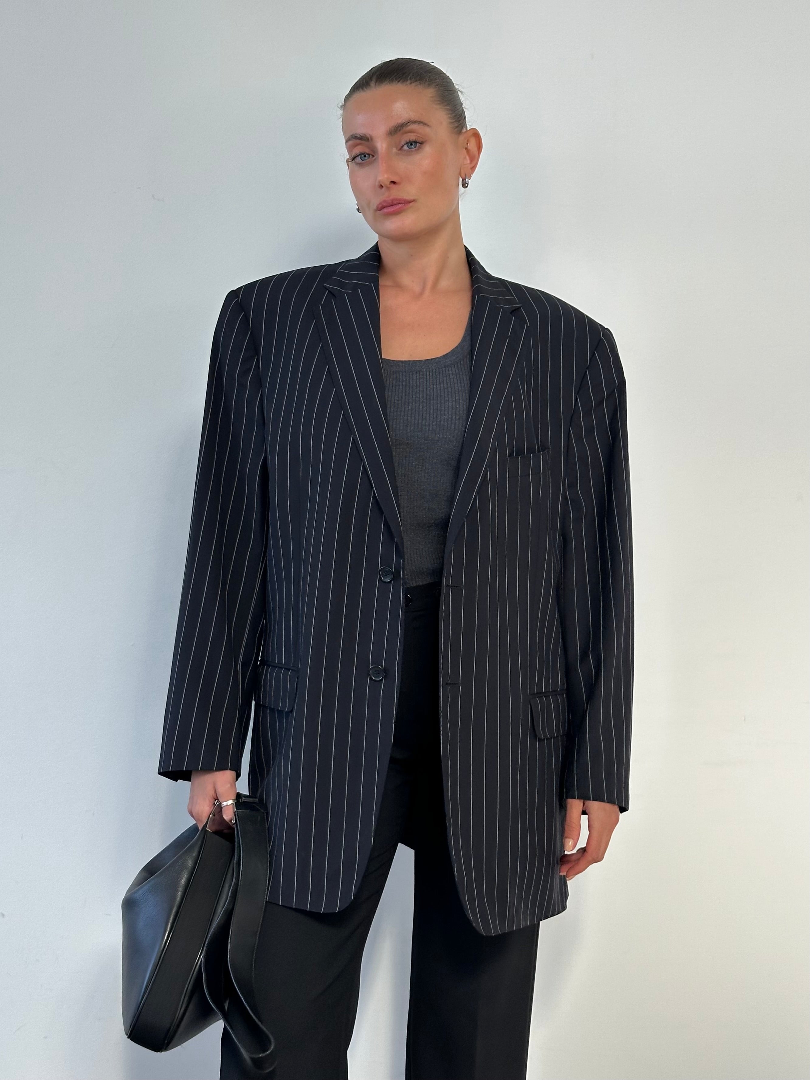 Versace collection stripe pure wool single-breasted blazer in size 48R/XL, featuring a stylish tailored fit and classic design.