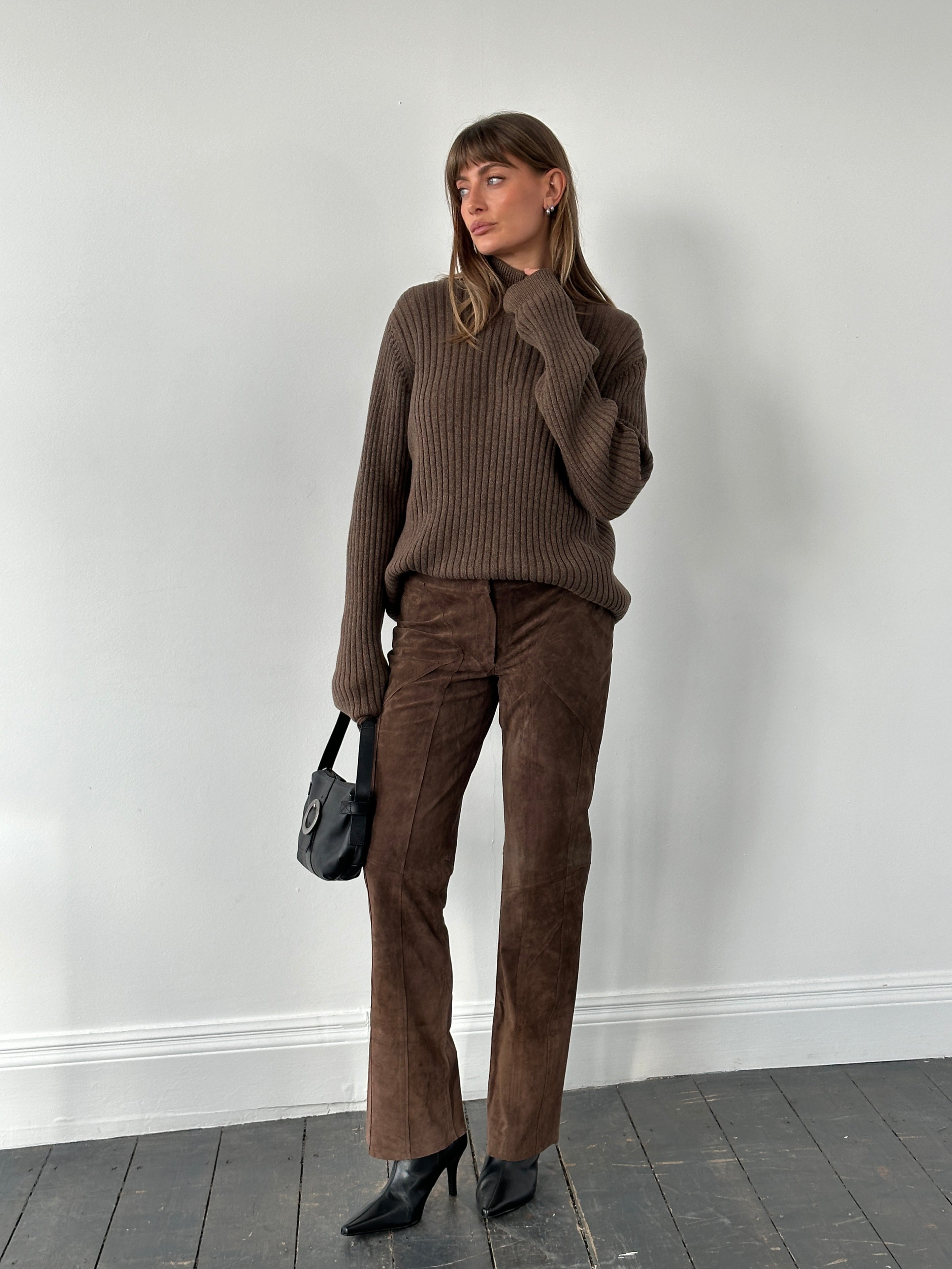 Vintage 1990s suede-panelled straight-leg trousers in W32 size, featuring classic retro style and tailored fit.